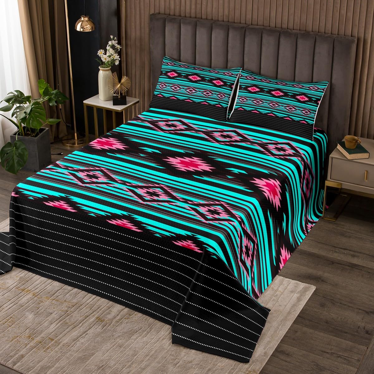 Loussiesd Southwestern zestaw narzut geometryczna pikowana narzuta dla dzieci chłopców dziewcząt wystrój pokoju plemienny pikowana narzuta pojedynczy rdzenny Amerykanin design niebieski różowy