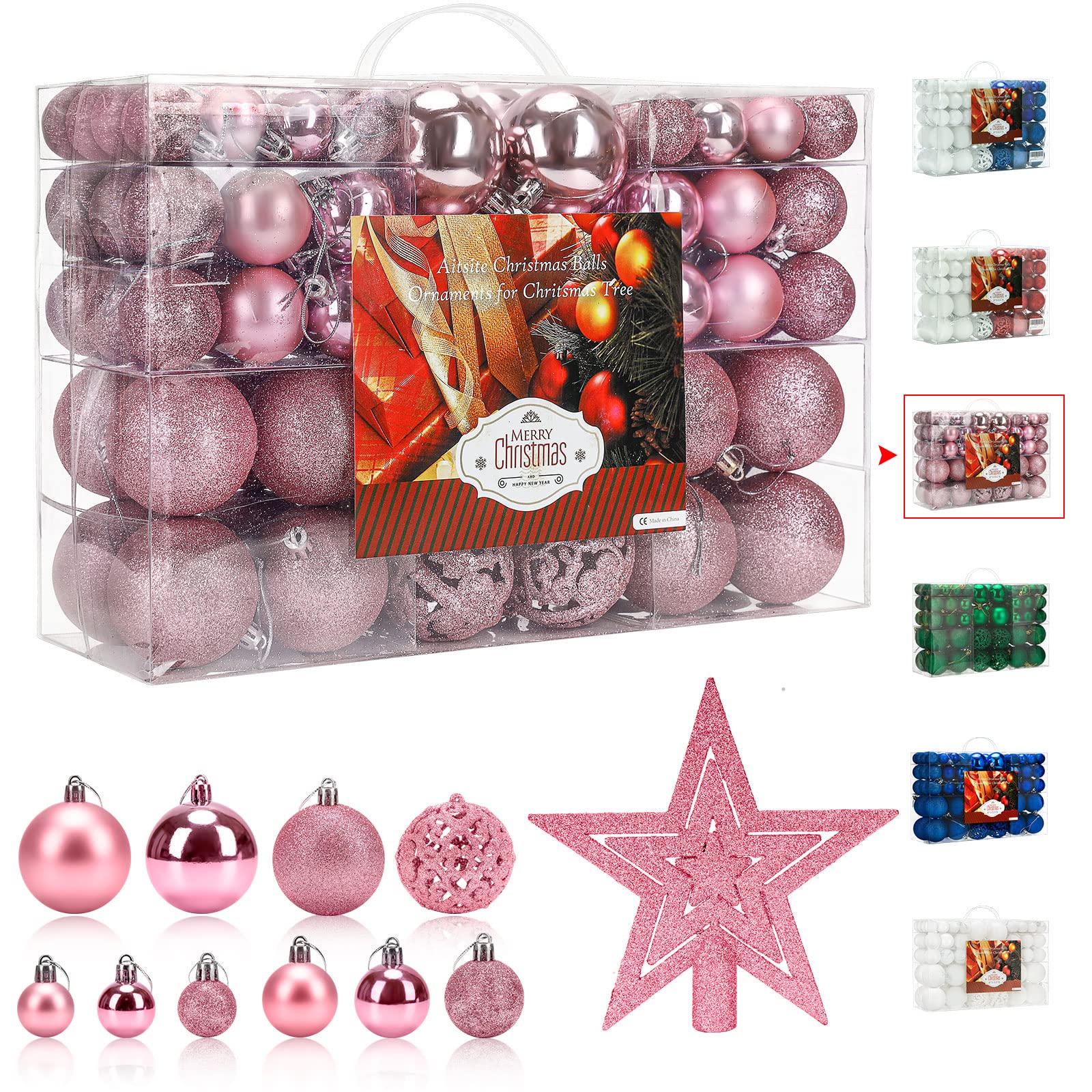 Aitsite 100 Pack Christmas Tree Ornaments Set Mini Shatterproof Holiday Ornaments Balls for Christmas Decorations (Pink)