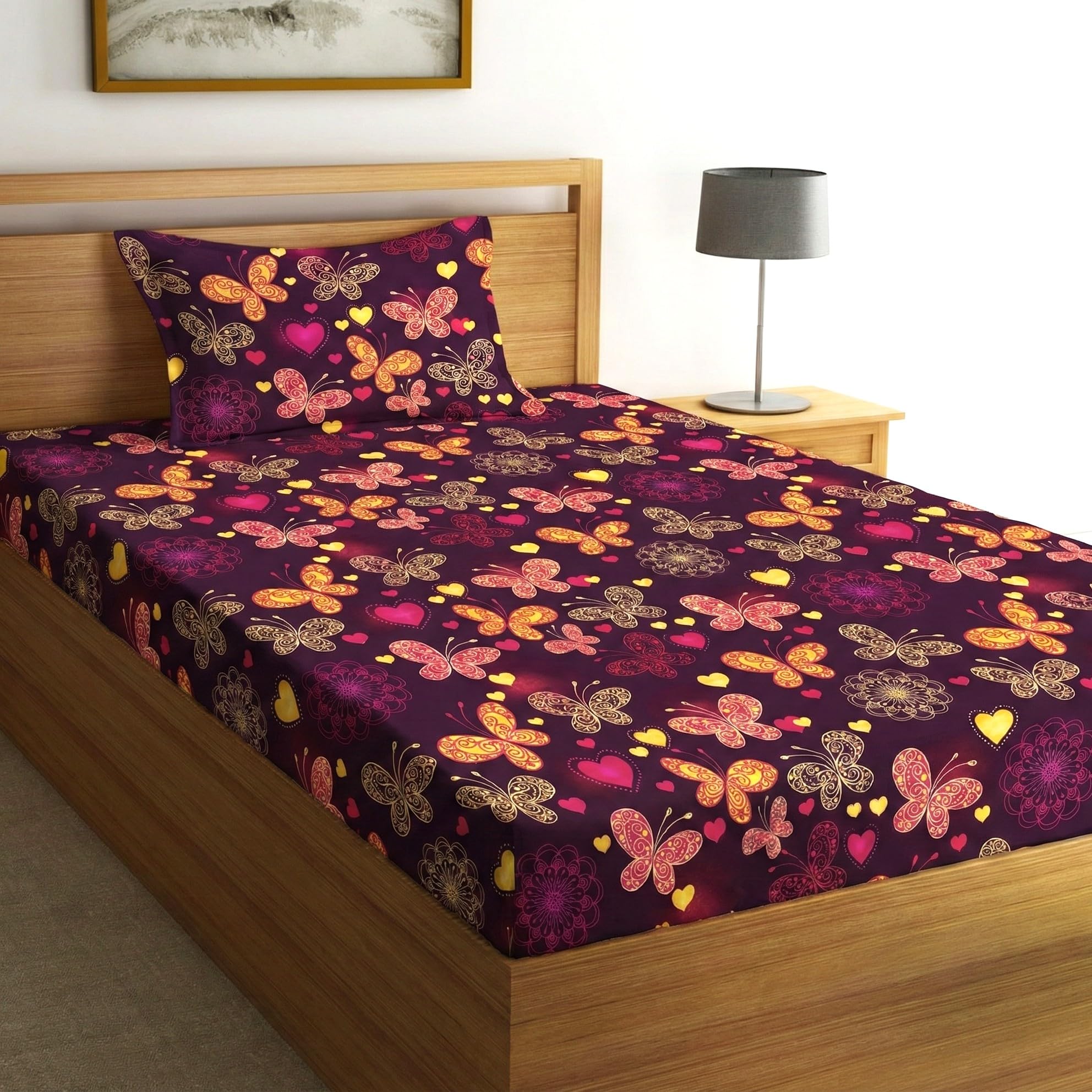 Fashion String Microfibre 144TC Maroon Butterfly & Heart Print Single Bedsheet with 1 Pillow Cover-image-43