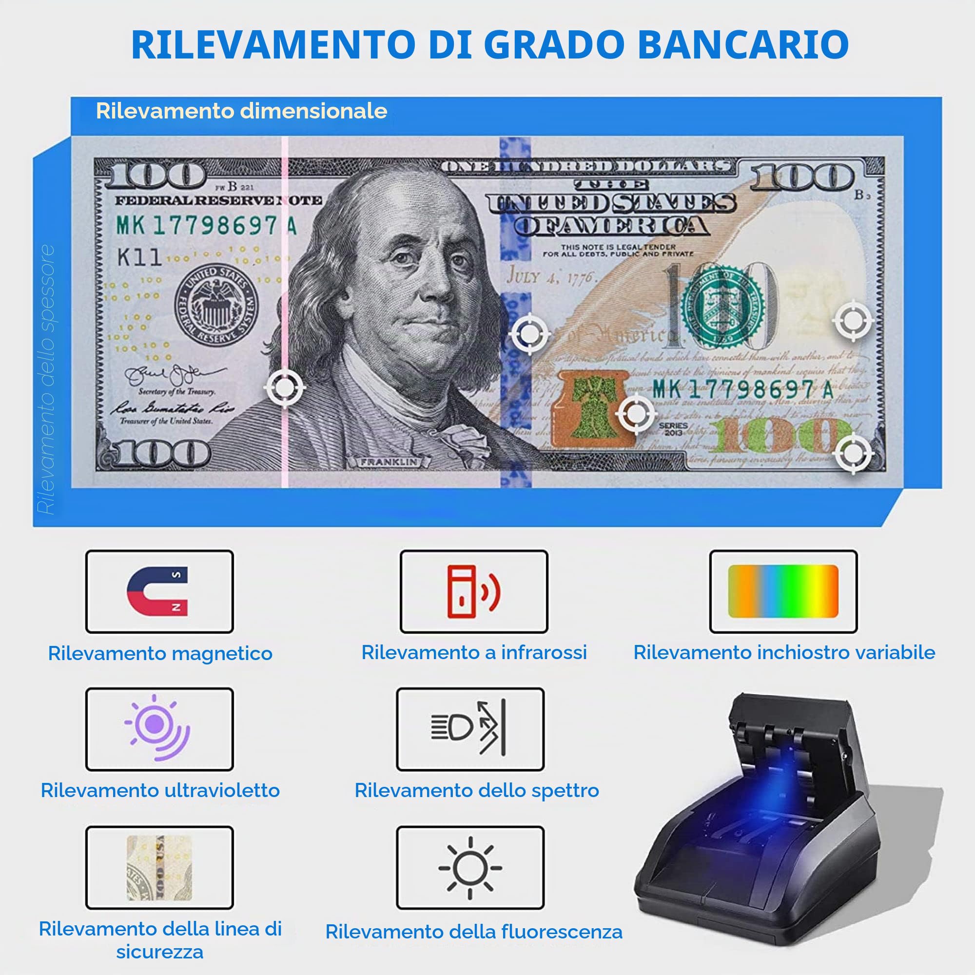 Bisofice Contatore di banconote Euro Rilevatore di banconote false banconote Rilevamento automatico di argento tramite UV MG IR Immagini qualità della carta, spessore della dimensione per EURO Dollar