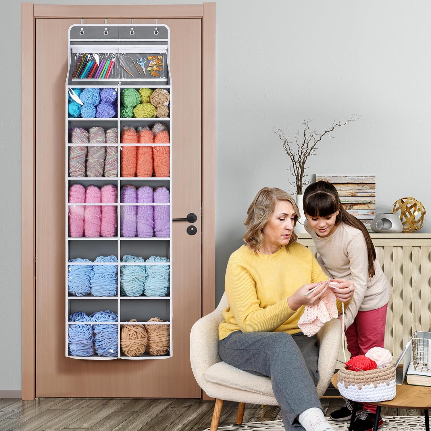 Univivi 6 Tiers Hanging Yarn Storage Organizer, Large Knitting Organizer with 12 Deep Clear Pockets & 10 Mesh Side Pockets, Over The Door Yarn Holder for Crochet Hooks, Knitting Needles, Grey