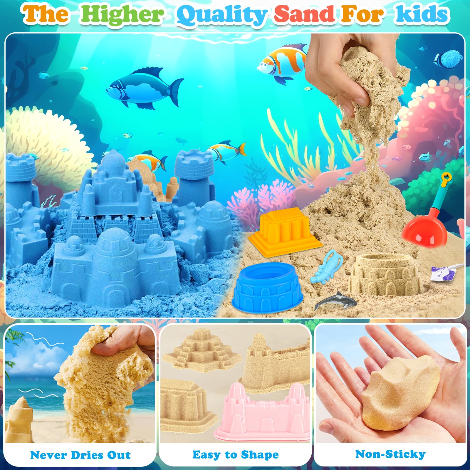 AMCHLEL Sable Magique, Jouets Sensoriels Enfant, Magic Sand avec Moule à Sable et Des Jouets Océaniques, Bac a Sable avec Couvercle, Sable Magique Enfant pour 3+Ans Garçon Fille