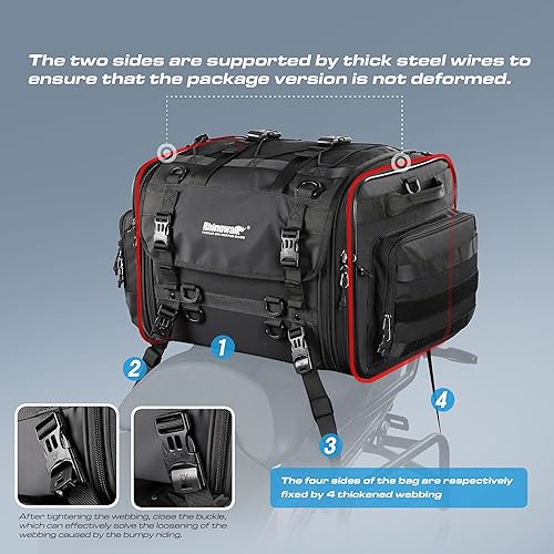 Miniatura 3 de Rhinowalk Bolsa trasera para motocicleta, equipaje de viaje con motor de 26 litros, bolsa de asiento trasero expandible con cubierta impermeable