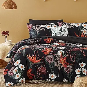 CASAAGUSTO King Size Comforter Set, 7 PCS Black Shore Floral Comforter Set with Flowers Leaves Pattern, Soft All Season King Bedding Set (102"X90")