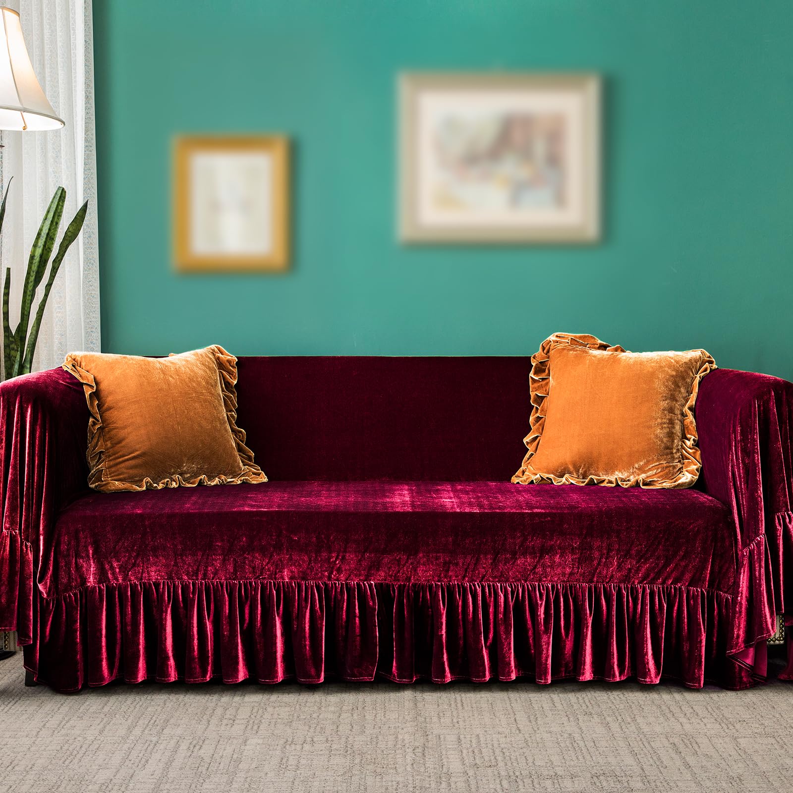 Velvet Sofa Cover Soft Decorative Luxurious Solid Exquisite Ruffle Trim,Retro Farmhouse Vintage Sofa Slipcover Couch Furniture Protector for 2-3 Cushion Sofa 1PC 71"x134" Amaranth