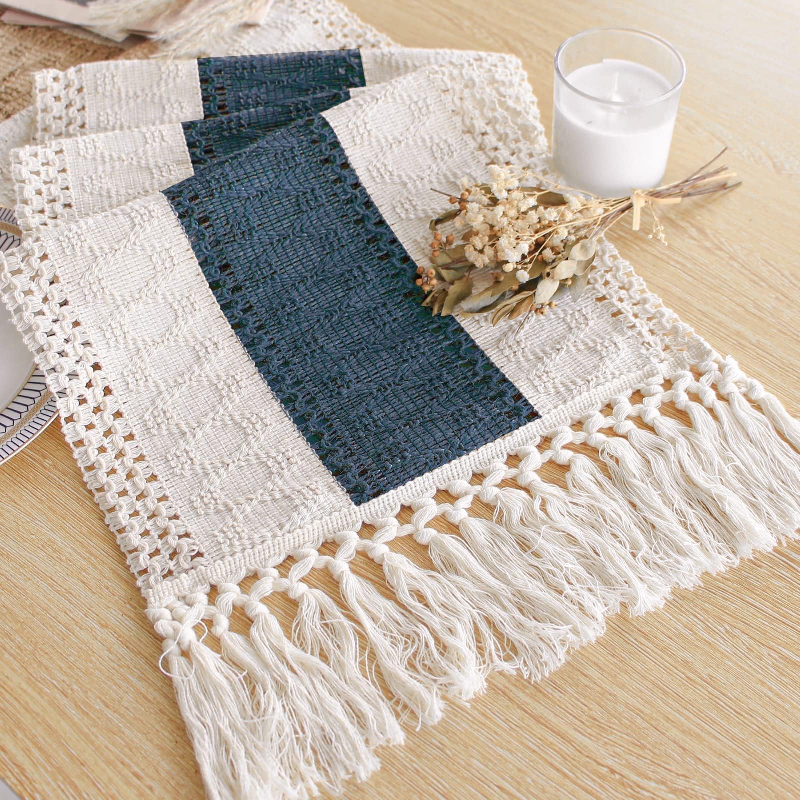 FEXIA Boho Table Runner 108 Inches Long for Home Decor - Cream & Blue Rustic Macrame With Tassels for Farmhouse, Bohemian Dining, Bedroom Decor, Bridal Shower (12x108 Inches)