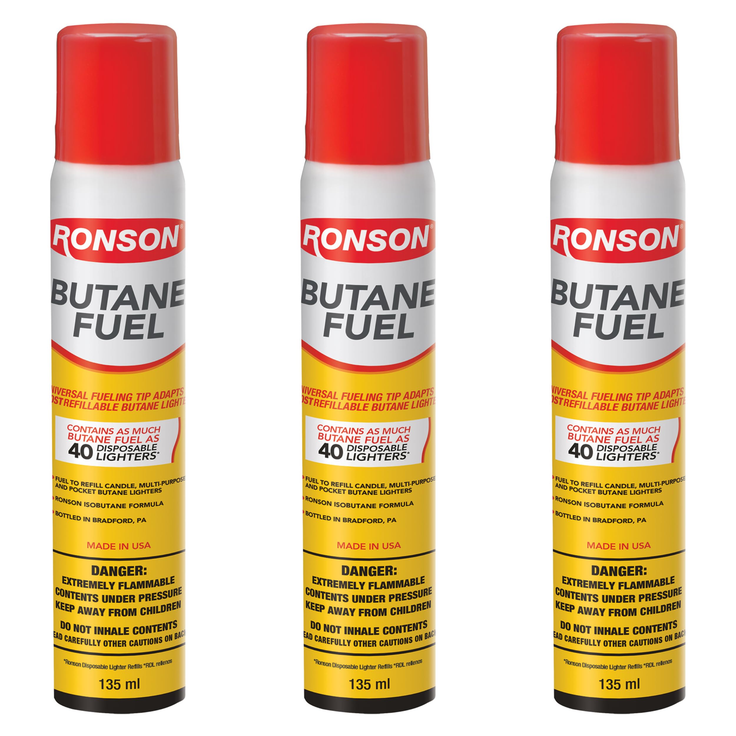 Ronson Butane Fuel Refill 135ml – Pack of 3 – Universal Lighter Fluid Refill for Torch, Kitchen, and Utility Lighters – Clean Burning Butane Gas for Refillable Lighters