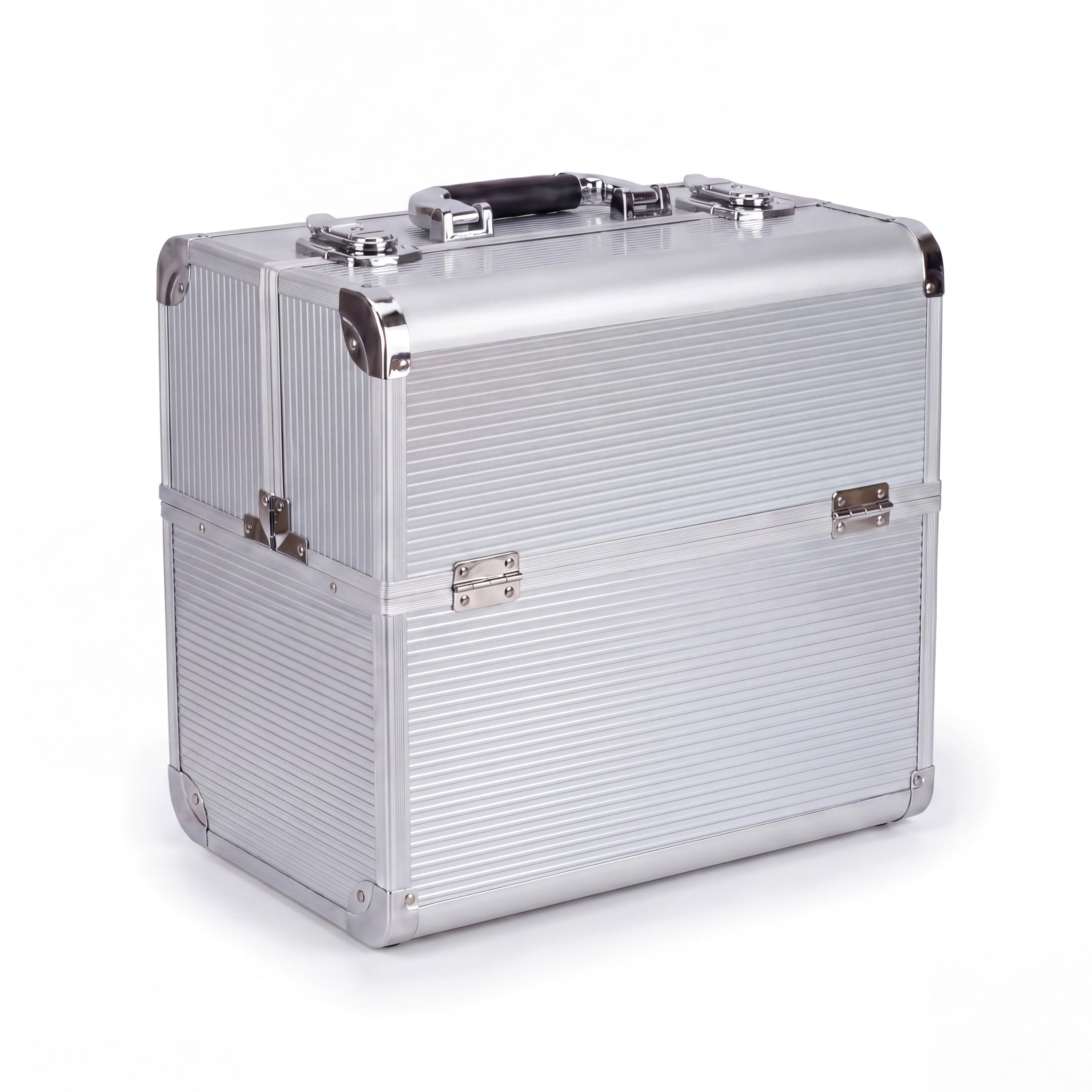 N&BF Kosmetikkoffer Groß Silber Alu abschließbarer Schminkkoffer Beautycase Aluminium Nagelkoffer 4 Ausklappfächern Makeup Koffer 36,5 x 22,5 x 35,5 cm