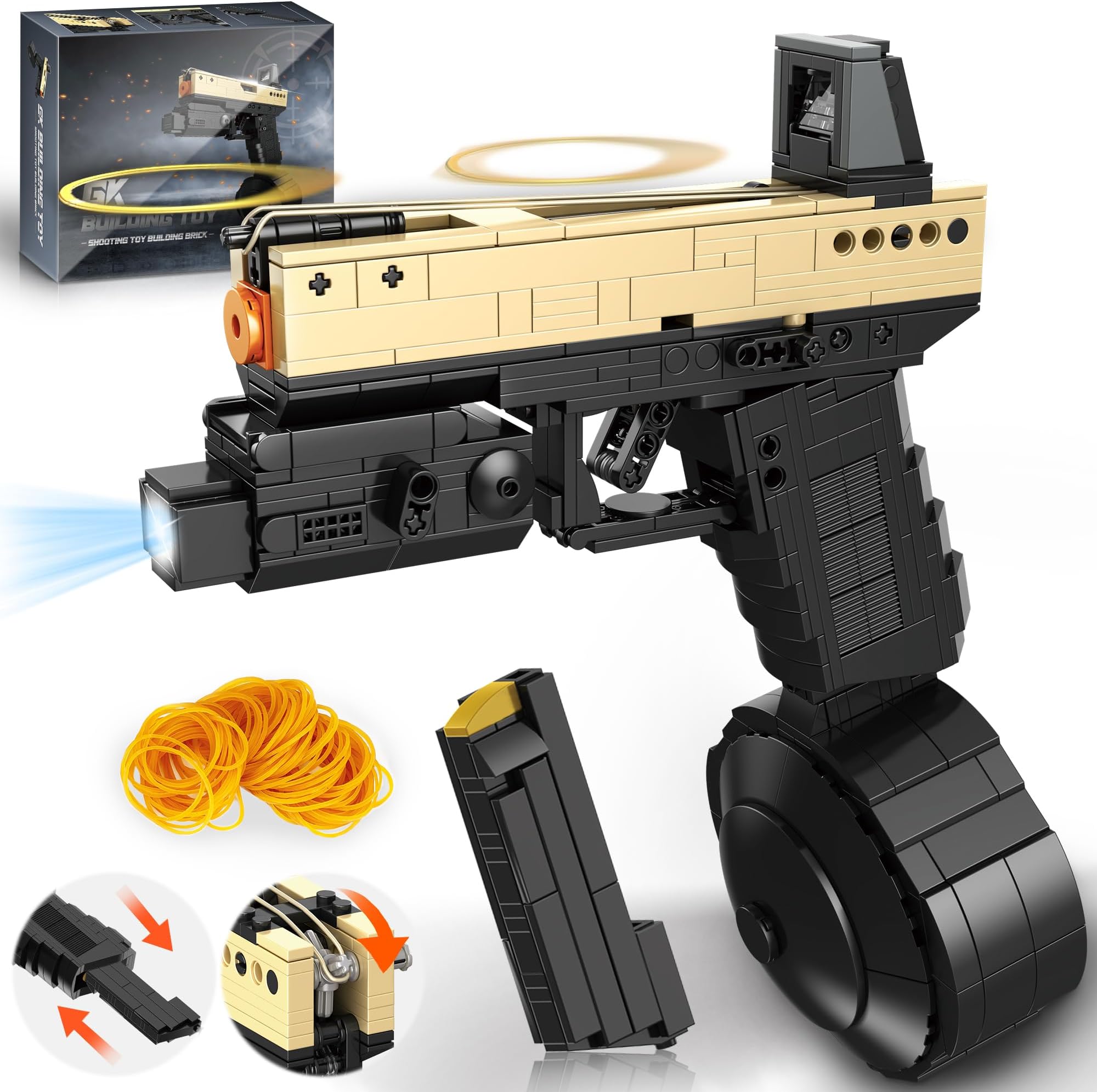 Building Block Gun for Adults, 1: 1 Pistol Building Set for Boys Age 14+ Model Gun That Shoot Rubber Band DIY Assembling, Collectible Gift for Toy Lovers, 888Pcs