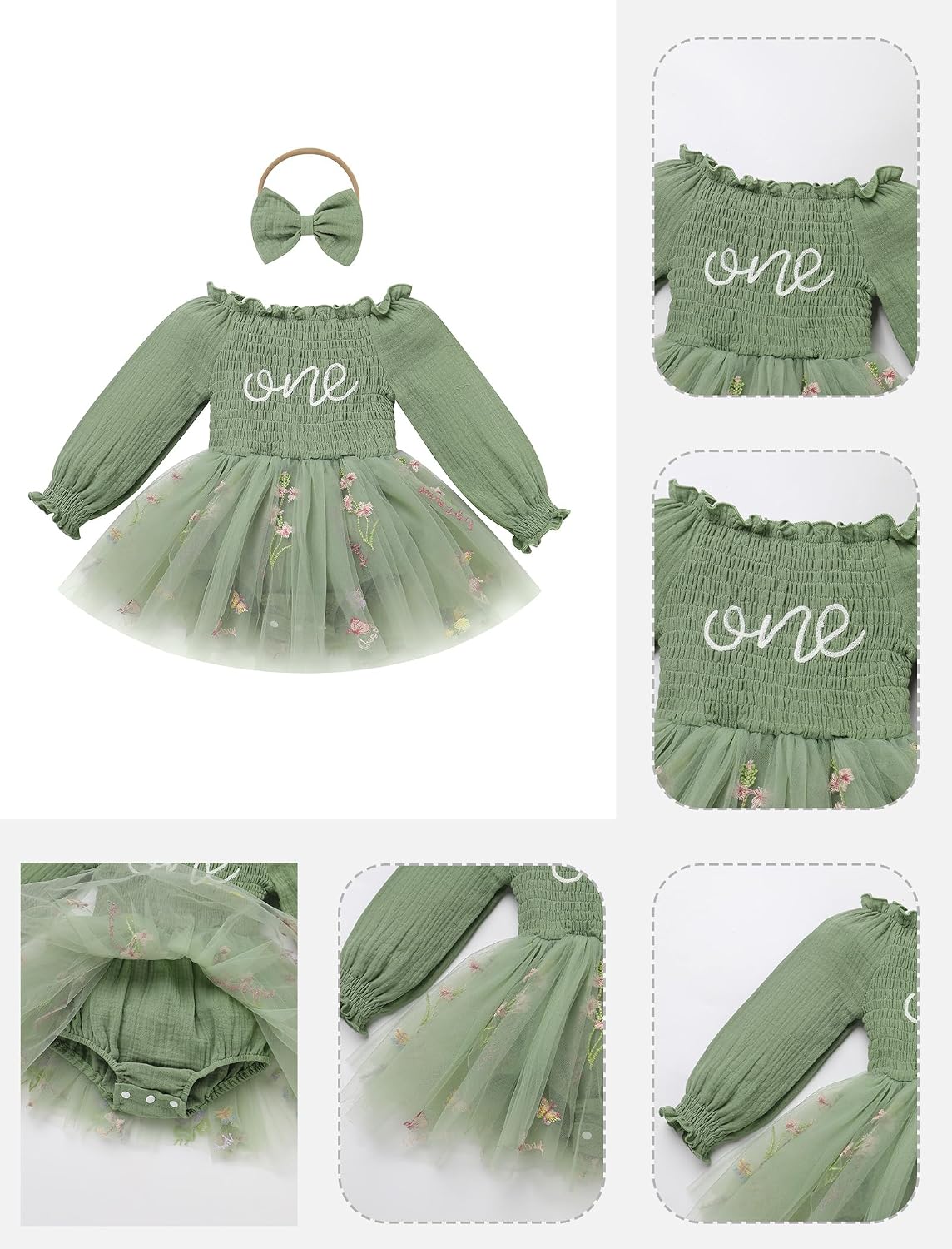 IMEKIS Baby Girl 1st Birthday Outfit Snowflake One Romper Smocked Dress Headband Long Sleeve Cake Smash Photo Shoot