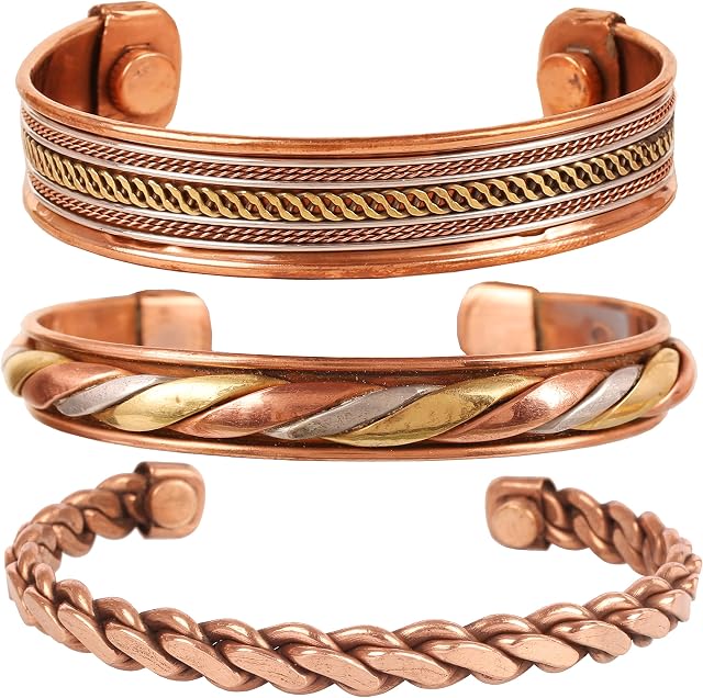 Touchstone Indian Hand Crafted Magnet Copper Bracelet Chakra Jewelry Cuff Gift Women Men. Set of 3