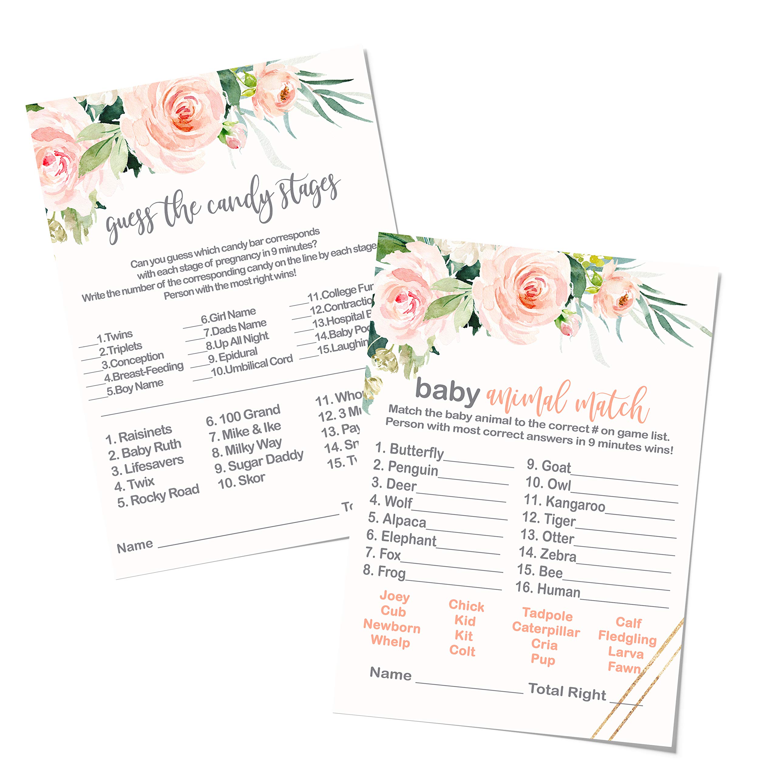 Blush Greenery Baby Shower Game Bundle Pack for 25 Guests Set Includes Baby Animal Matching Game and Candies Guessing Activity Cards Girls Rustic Graceful Floral (5x7 Size) Paper Clever Party