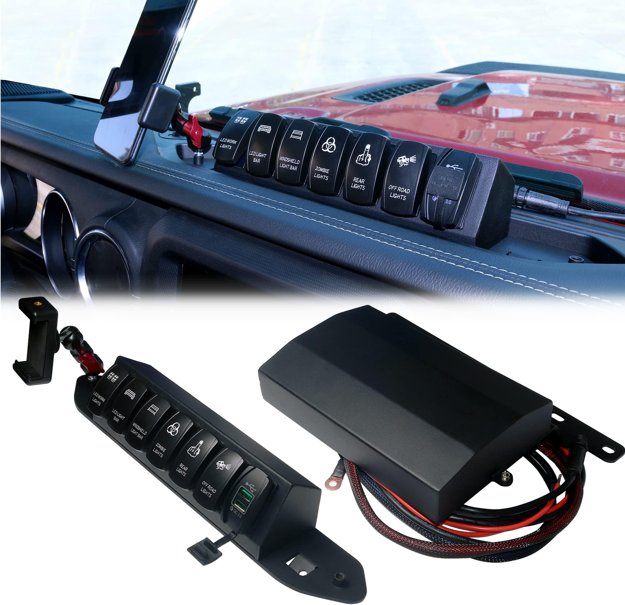 POFENZE 6 Gang Rocker Switch Panel Control System with QC3.0 Charging Ports for Jeep Wrangler JL and Gladiator 2019-2022 (Excluding EV)