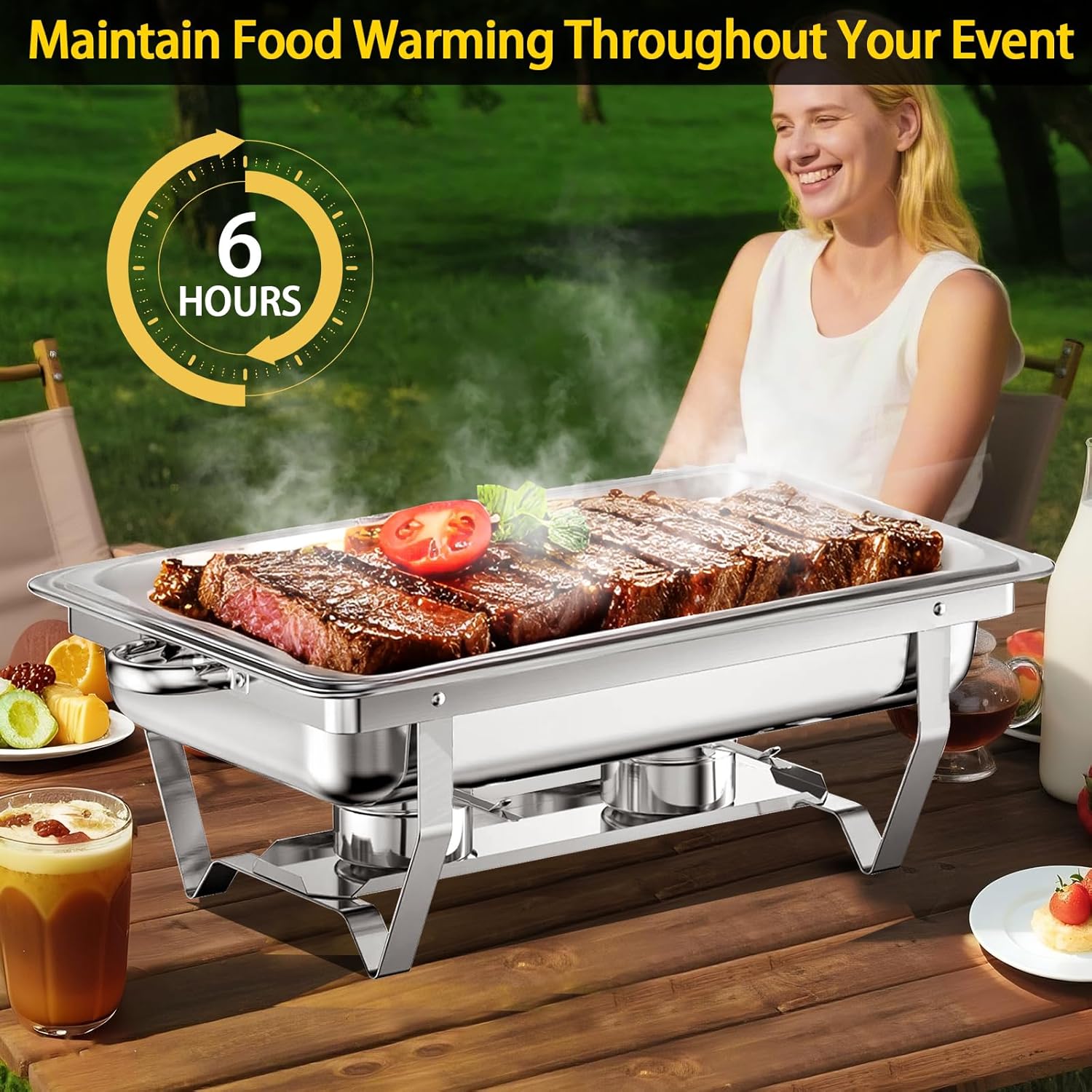 Chafing Dishes for Buffet 4 Pack, 8 Quart Stainless Steel Chafing Dish Buffet Set with Folding Frame, Food Warmers for Parties, Catering Supplies, Banquets, and Weddings