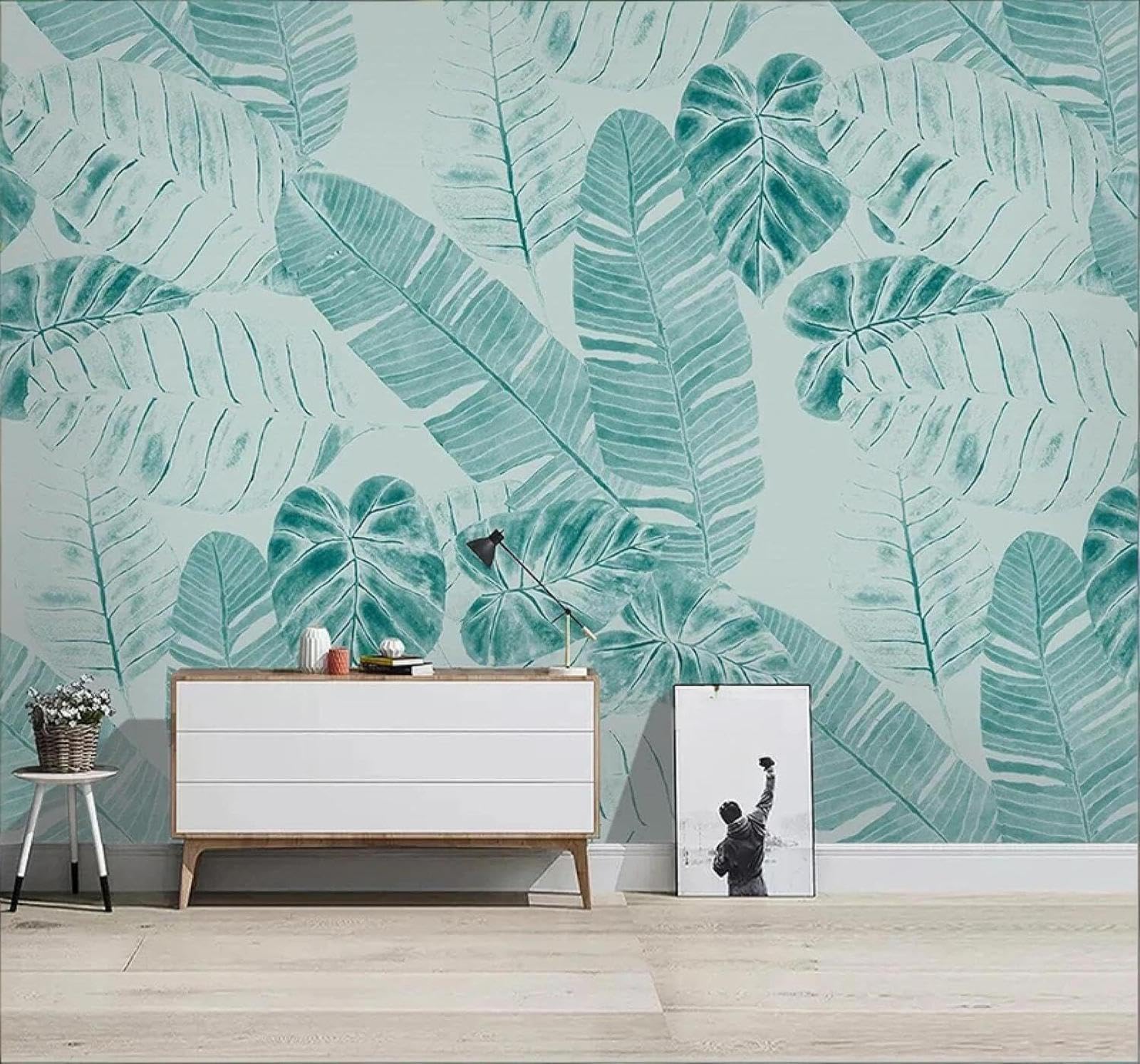 Xlming 250Cm×170Cm(B×H) Fresh Blue Watercolour Plants Banana Leaves 3D Wallpaper Silky Texture Home Study Office Grey Dining Room Sofa Bedroom Living Room Tv Backdrop-250Cm×170Cm