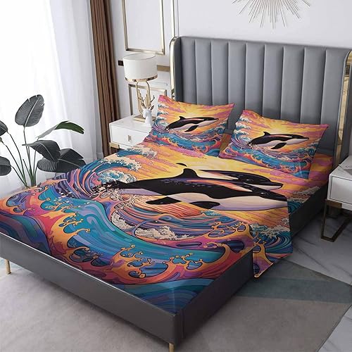 Juego de sábanas de 4 piezas con diseño de animales del océano de olas y fundas de almohada, tamaño Queen, sábana bajera ajustable de microfibra
