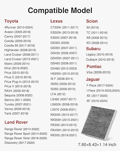 Miniatura 9 de Puroma Filtro de aire de cabina con carbón activado repuesto para CP285 CF10285 Toyota Lexus Scion 2 piezas