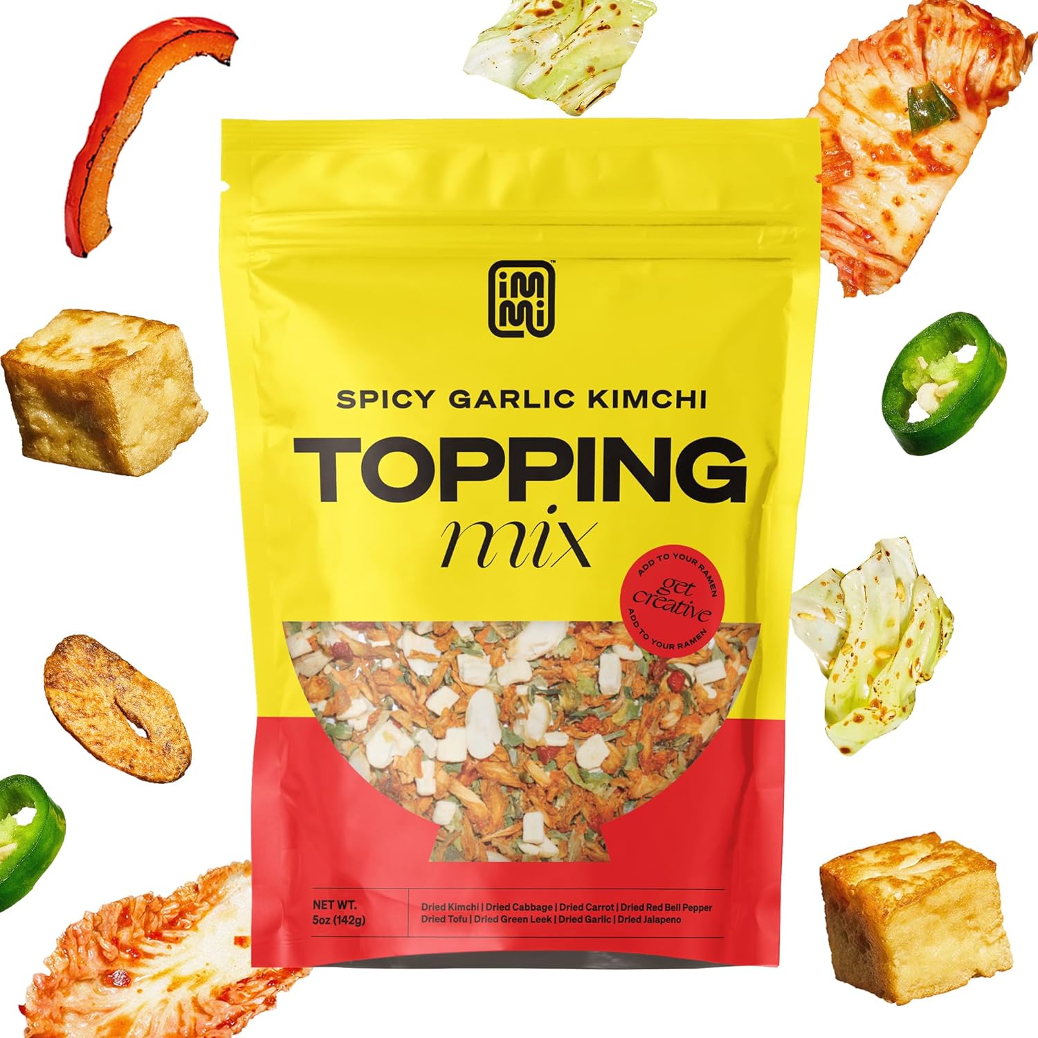 immi Spicy Garlic Kimchi Topping Mix – Dehydrated Ramen Toppings & Soup Garnish – 11 oz – Plant-Based Vegetable Blend with Tofu, Kimchi, Garlic, Leek & Jalapeno – Instant Spicy Savory Crunch