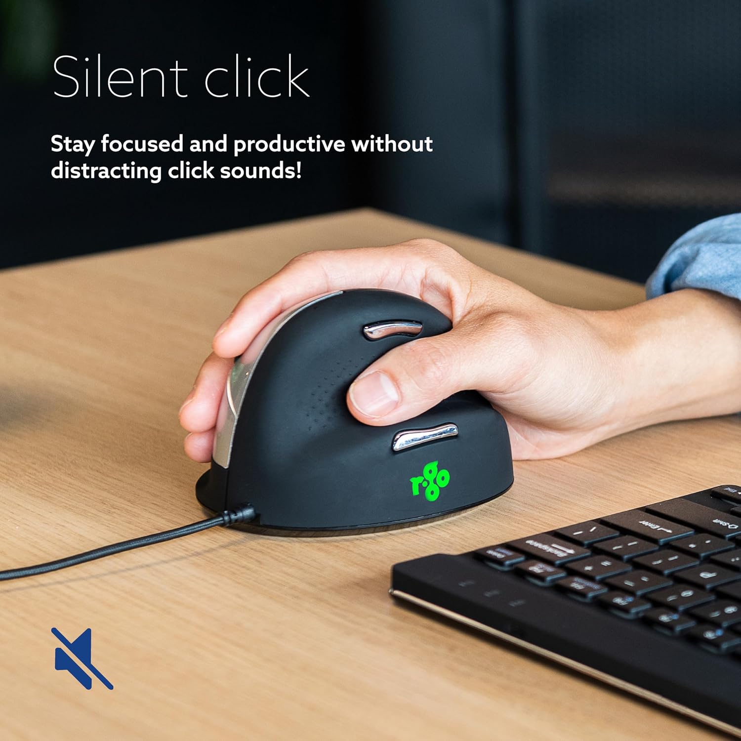 R-Go HE Ergonomic Mouse for big hand, With Break Software, USB-C Wired (with USB A Converter), Vertical design, Anti carpal tunnel, Silent Click, Customisable buttons, For Windows/MacOS, Black/Silver