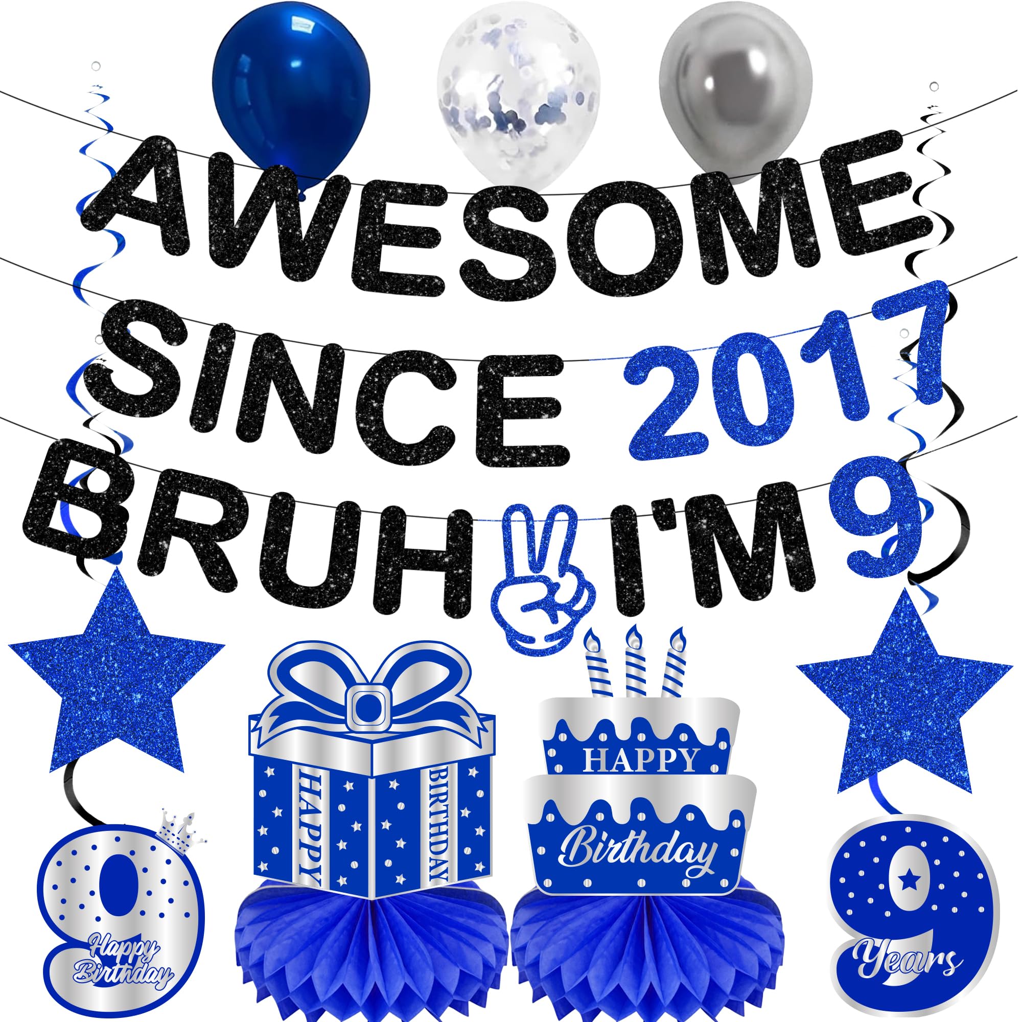 9th Birthday Decorations Banner Boys - 12 Pcs Glitter Black Blue Awesome Since 2017 Bruh I'm 9 Banners Pre Strung Hanging Swirls Honeycomb for Happy 9 Year Old Party Decor Supplies