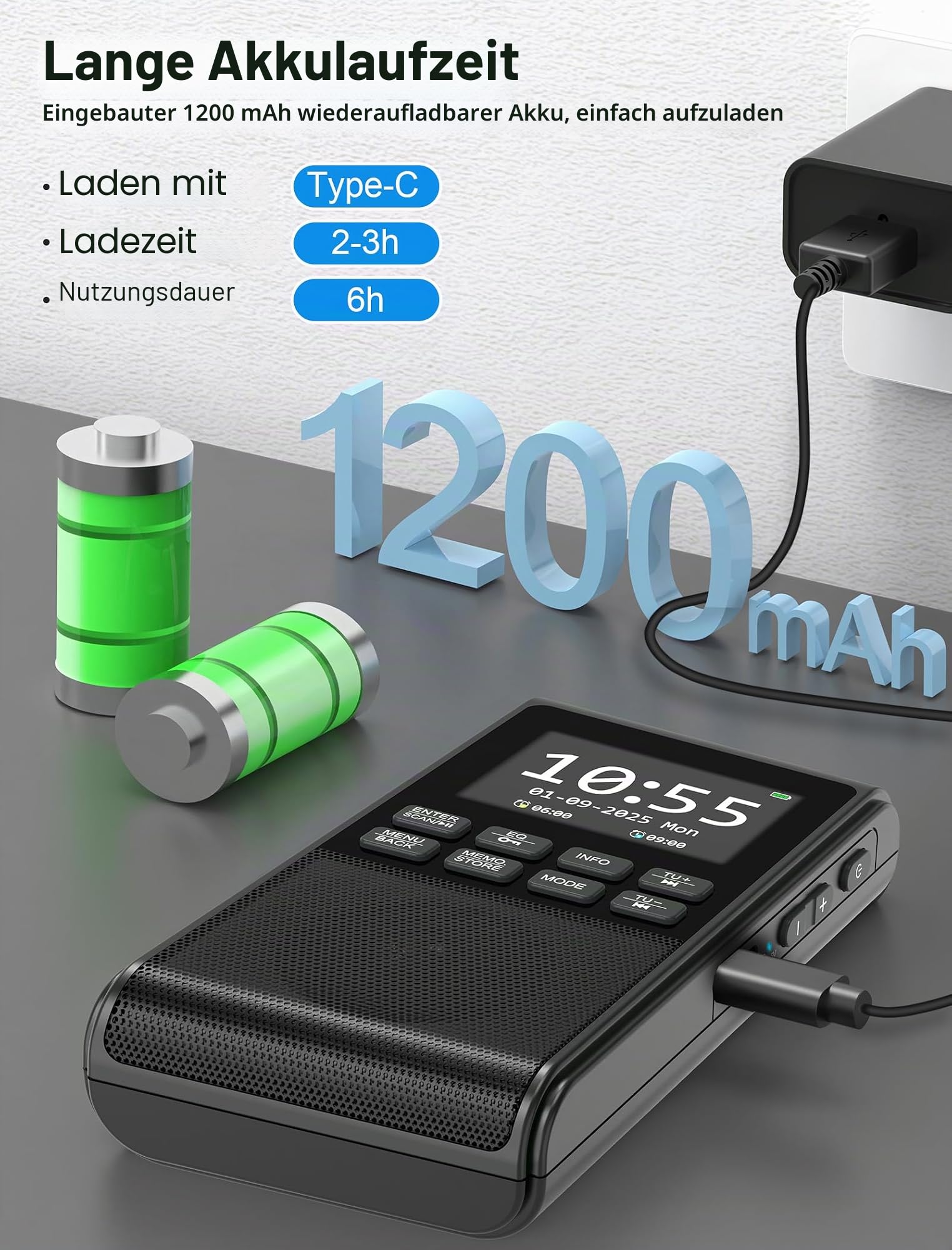 Tragbares DAB-Radio mit Bluetooth 5.3, wiederaufladbares, batteriebetriebenes FM-Radio, klein, Dual-Alarmuhr, DAB+ Digitalradio mit Farbdisplay, großer 5-W-Lautsprecher, unterstützt SD-Karte und