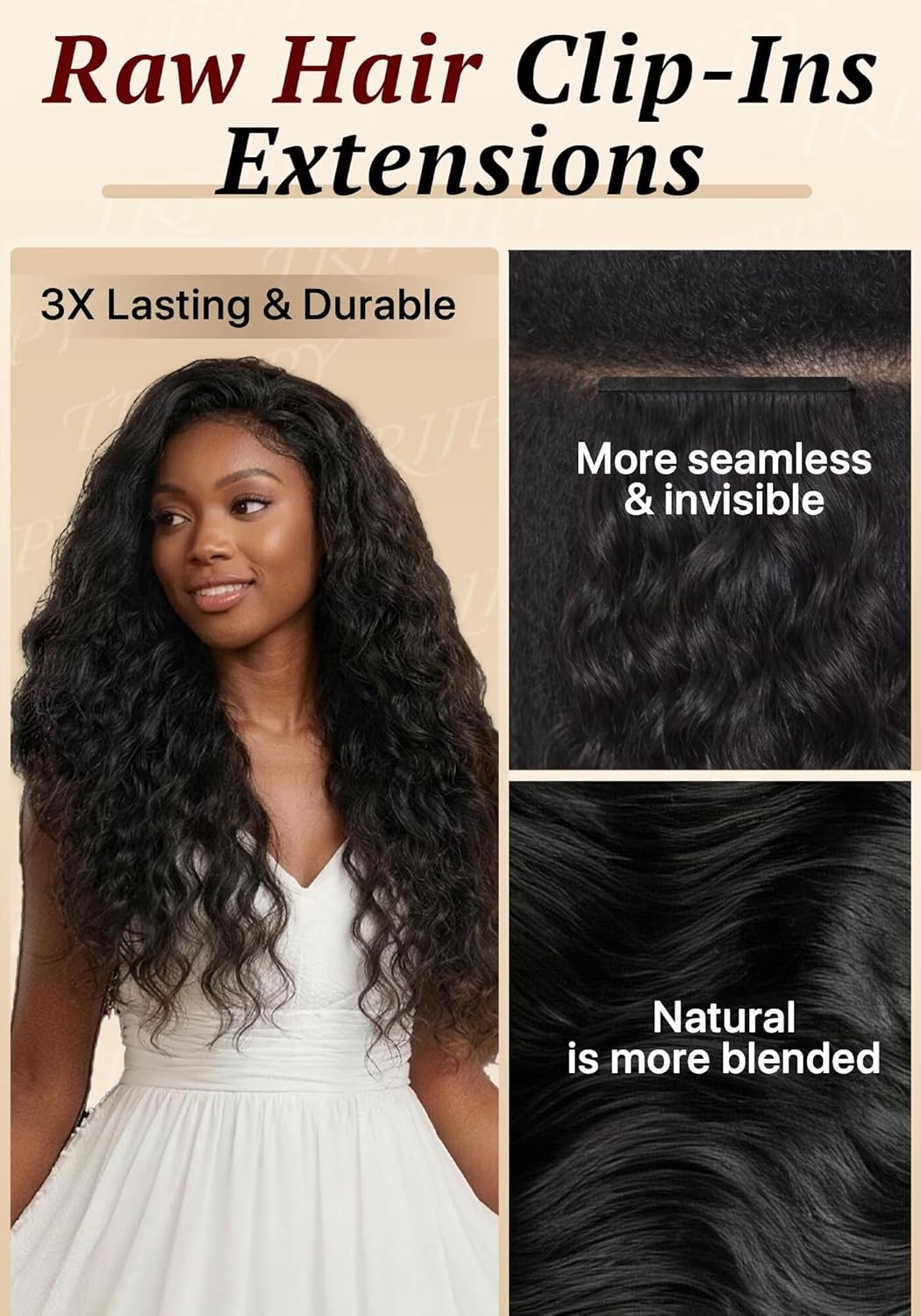 TRIIPPY Clip in Hair Extensions,100% Real Raw Cambodian Human Hair,Natural Wavy Hair Extension Clip Ins,135g 9pcs seamless Hair Extension,Triple The Lifespan Over Regular Virgin Hair Bundle(14 Inch)