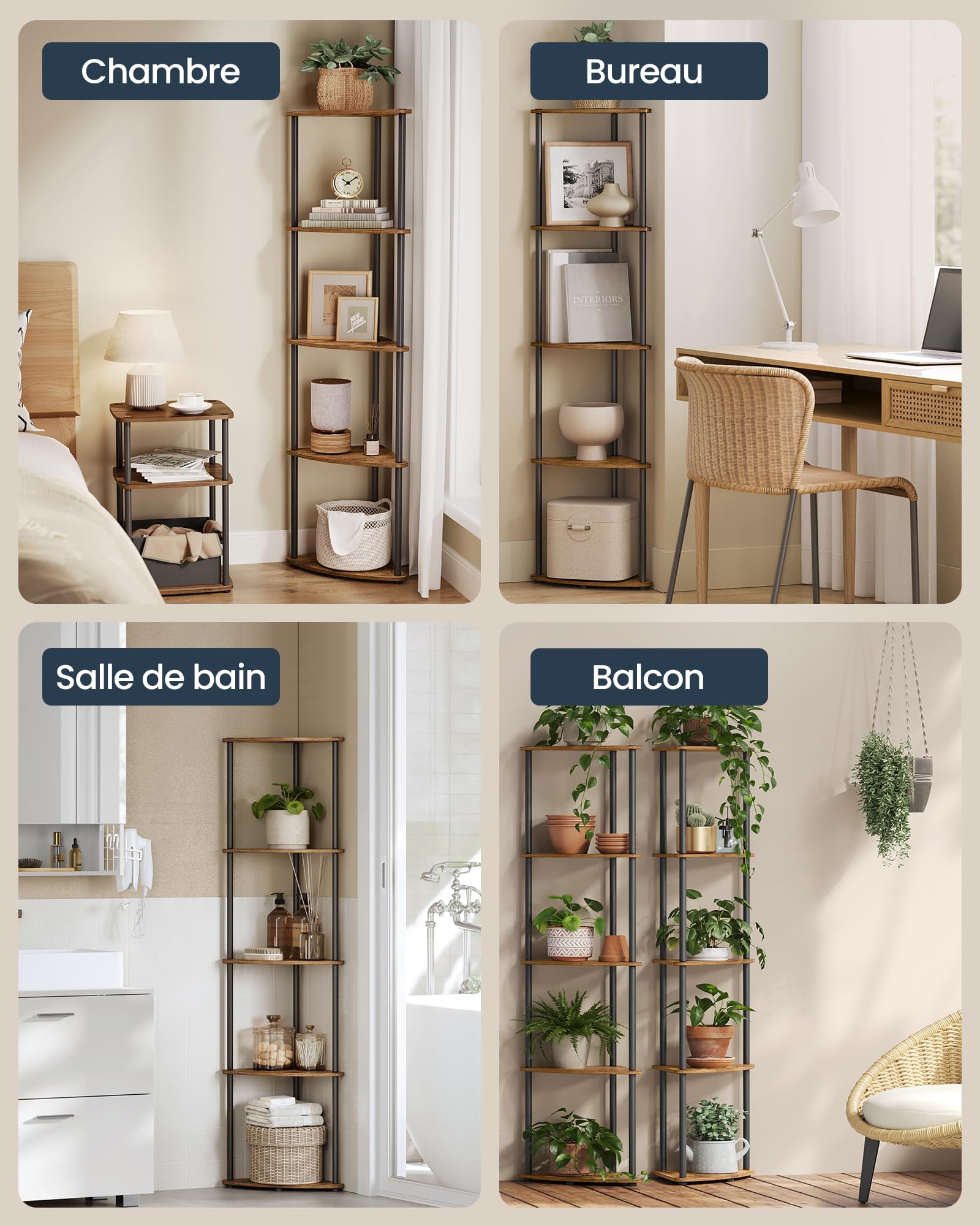 SONGMICS HOME Étagère D'Angle 5 Niveaux Blanc Neige - Montage Sans Outils 38,3x27x139 Cm - Rangement Gain De Place Salon Chambre Cuisine
