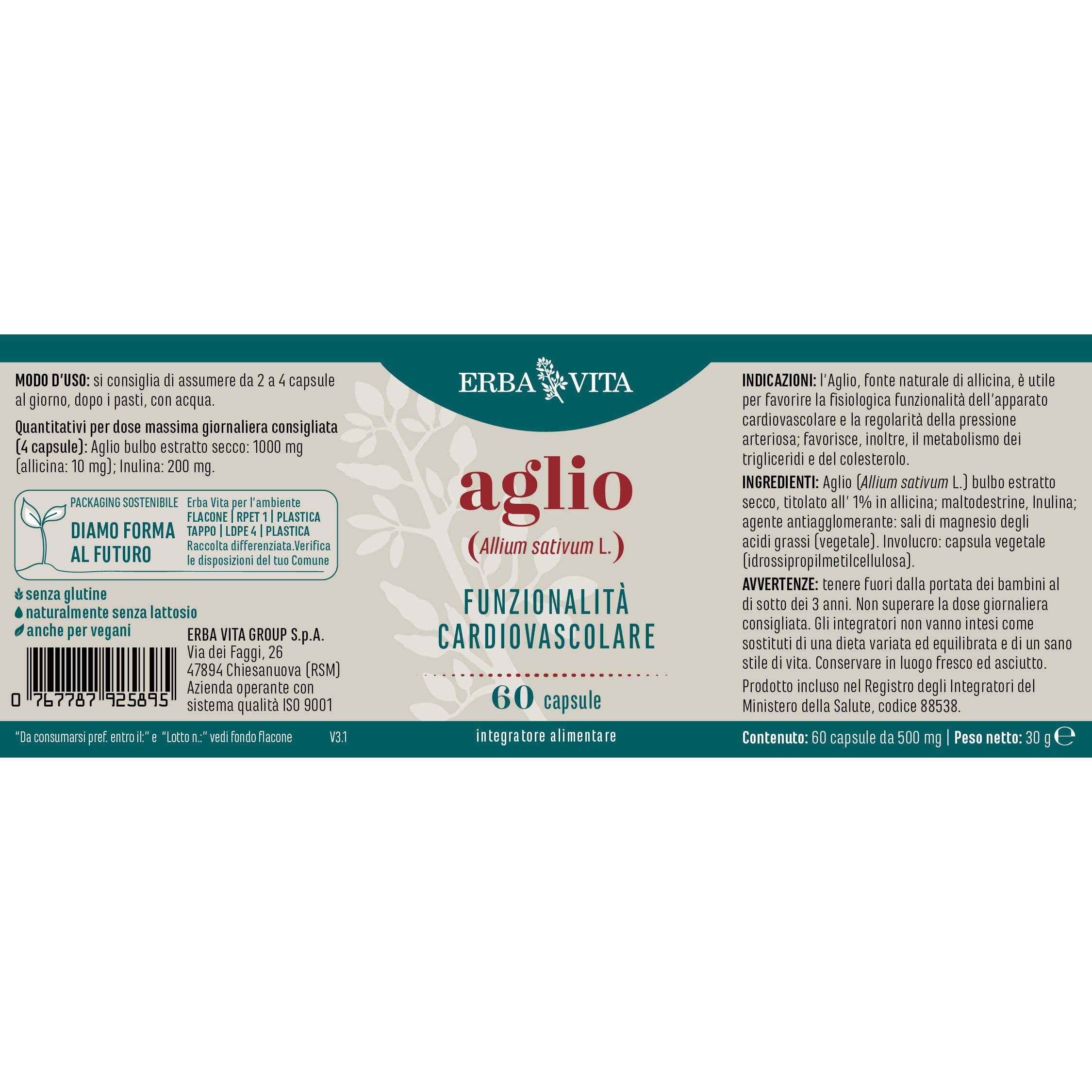 ERBA VITA Integratore Alimentare di Aglio - 60 Capsule - È utile alla funzionalità cardiovascolare e alla pressione arteriosa
