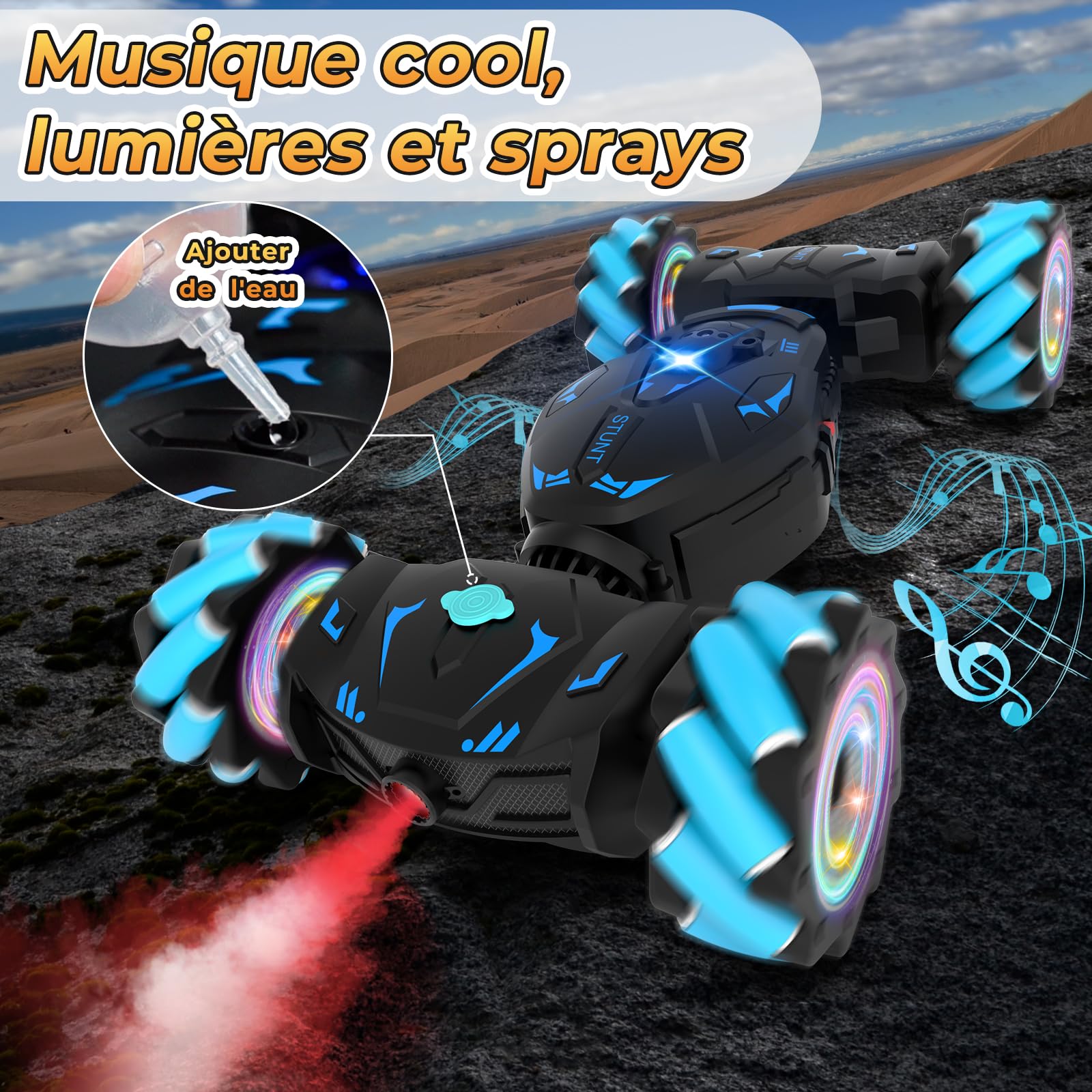 Pristar Voiture télécommandée tout terrain avec la Main, avec Lumière et Spray, Jouet RC Car Drift 4WD 2,4 GHz Rotation à 360° Cadeau Voiture Telecommandé Enfant Filles Garçons Enfants de 6 8 9 10 Ans