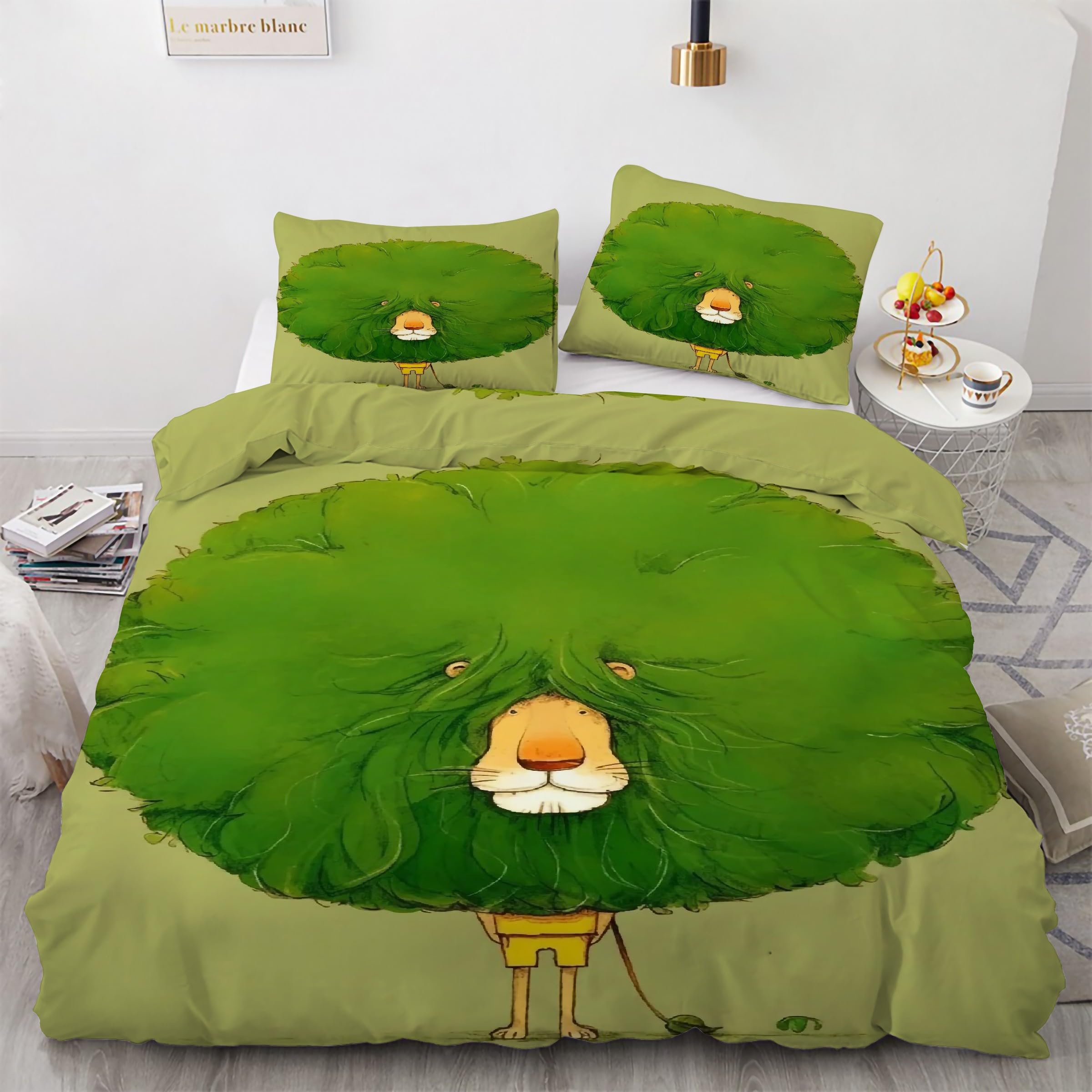 Housse de couette 160x200 lion vert, parure de lit 3 pièces microfibre avec taies d'oreiller