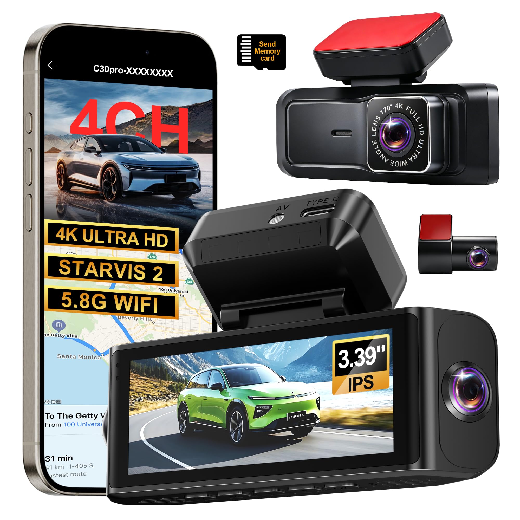 Photo 1 of 4 Channel 4K Dash Cam - 360° Panoramic Front Rear Inside Camera, STARVIS 2 Night Vision, 5.8GHz WiFi, 170° Wide Lens, 24hr Parking Monitor, G?Sensor, Included 64GB SD Card for Private Drivers