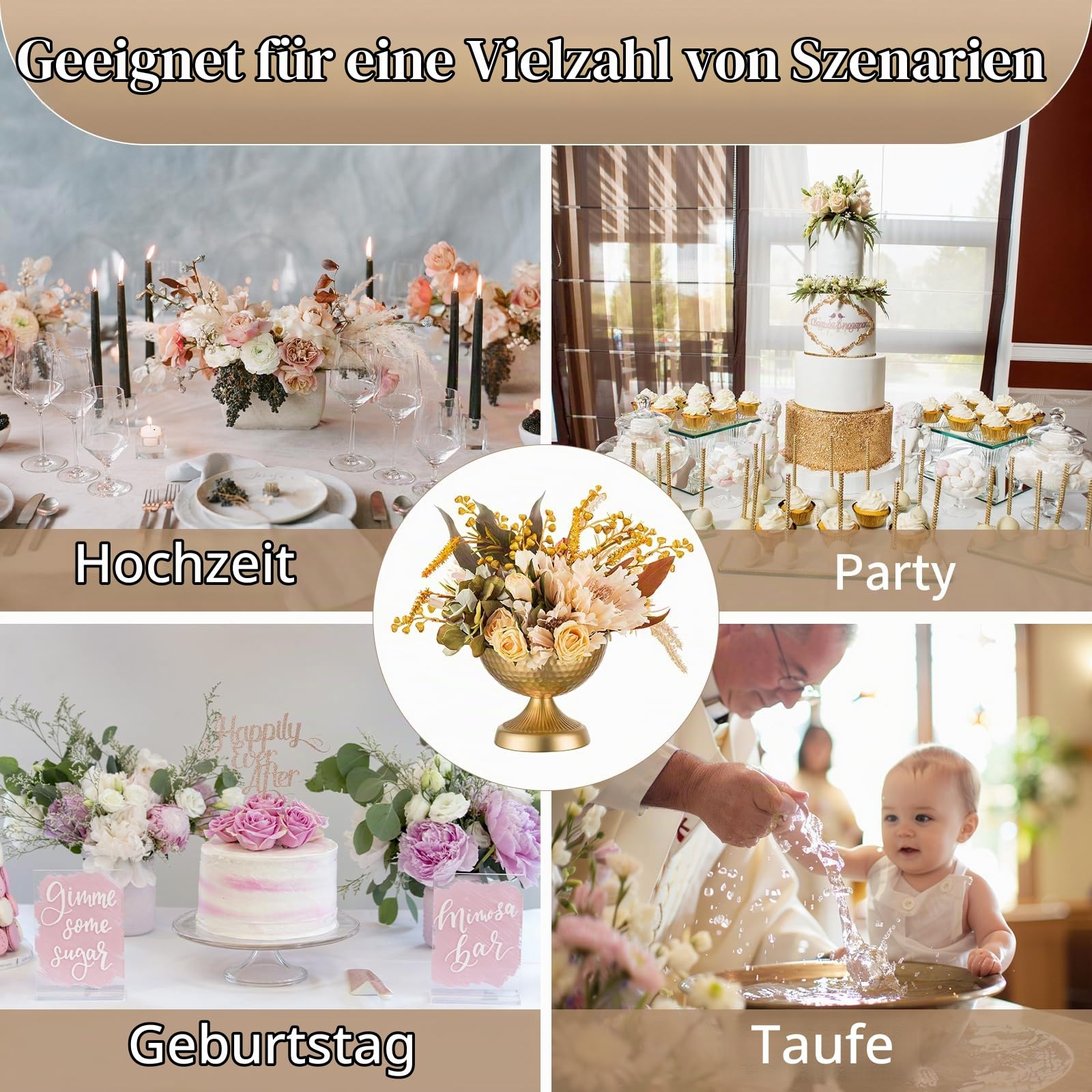Sziqiqi Metall Urn Vase Gold: Kleine Vasen Hochzeitsdeko Tischdeko 10Stk | Dick, ⌀18.5cm/ H15cm/ T9cm, Weite Öffnung für Kunstblume, Vintage, Hochzeit, Taufe, Esstisch, Party, Landhaus