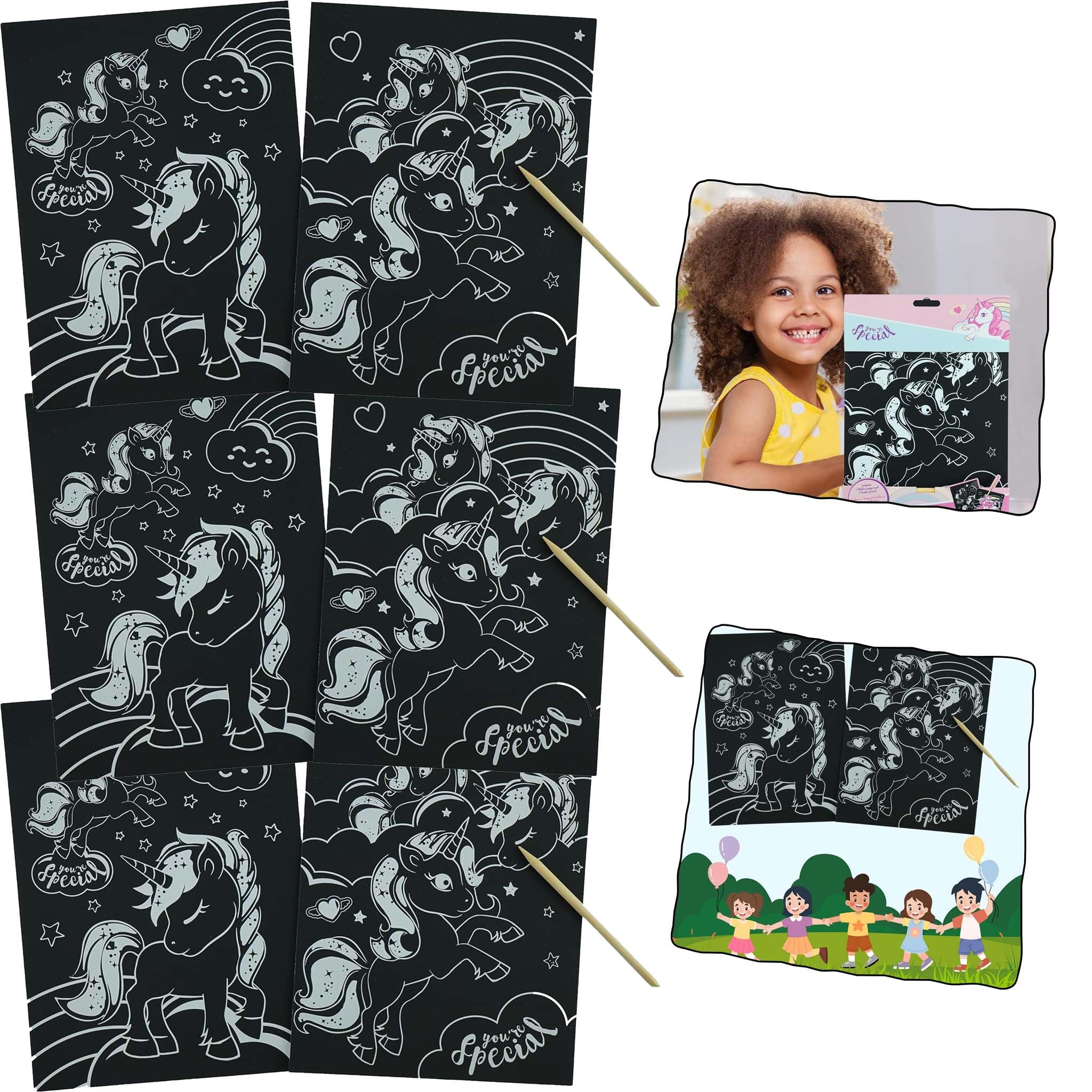9Pcs Unicorn Scratch Art Set, Kids Magic Drawing Kit with Wooden Pencil, Craft Supplies, Party Favours & Creative Gifts
