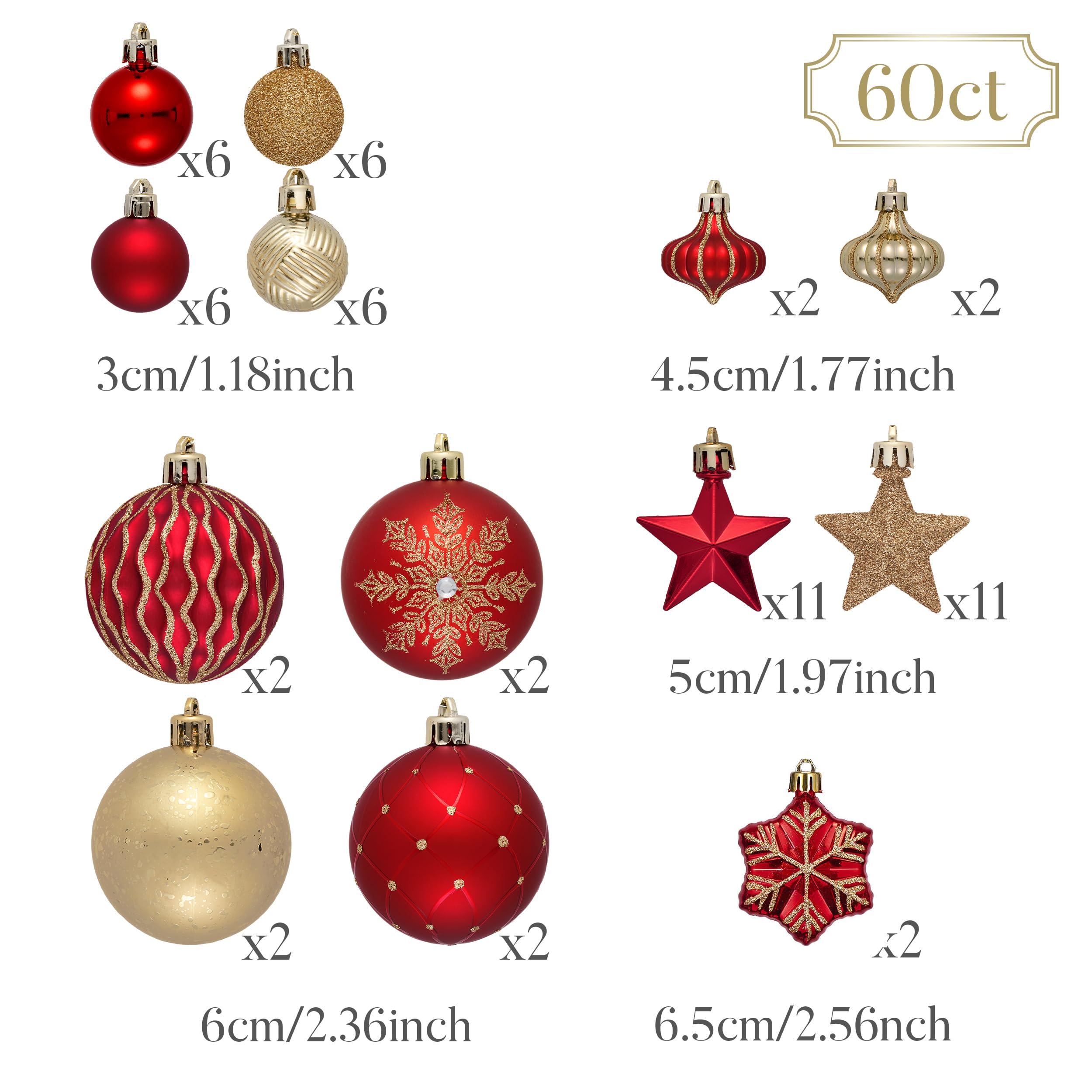 Valery Madelyn Lot de 60 boules de Noël en plastique - Décoration de Noël avec crochet de suspension - Brillantes, scintillantes et mates - Thème rouge doré (M)