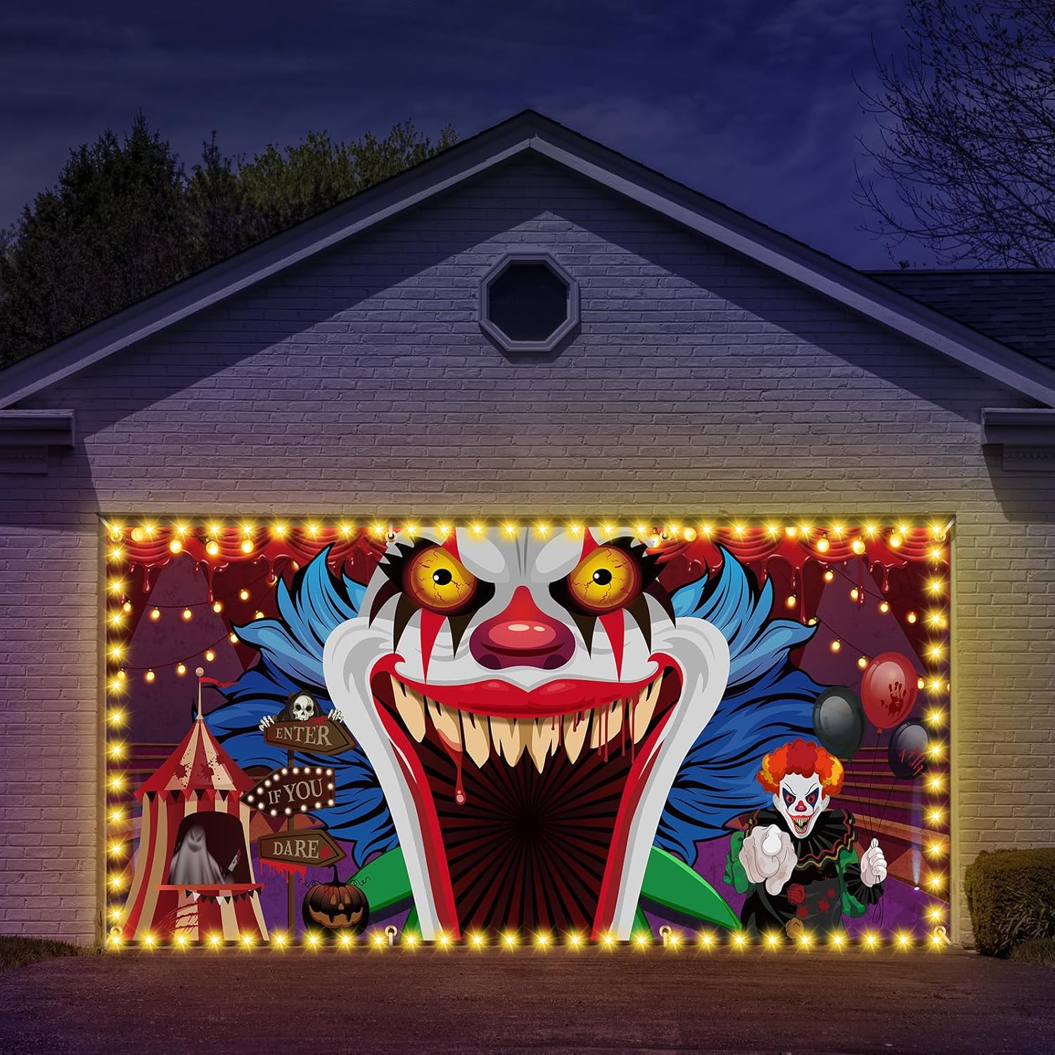 Ganeen Halloween Garage Door Cover 7 x 16 ft Evil Clown Halloween Party Decorations Horror Garage Door Banner with LED String Light Scary Holiday Backdrops, Assembly Needed