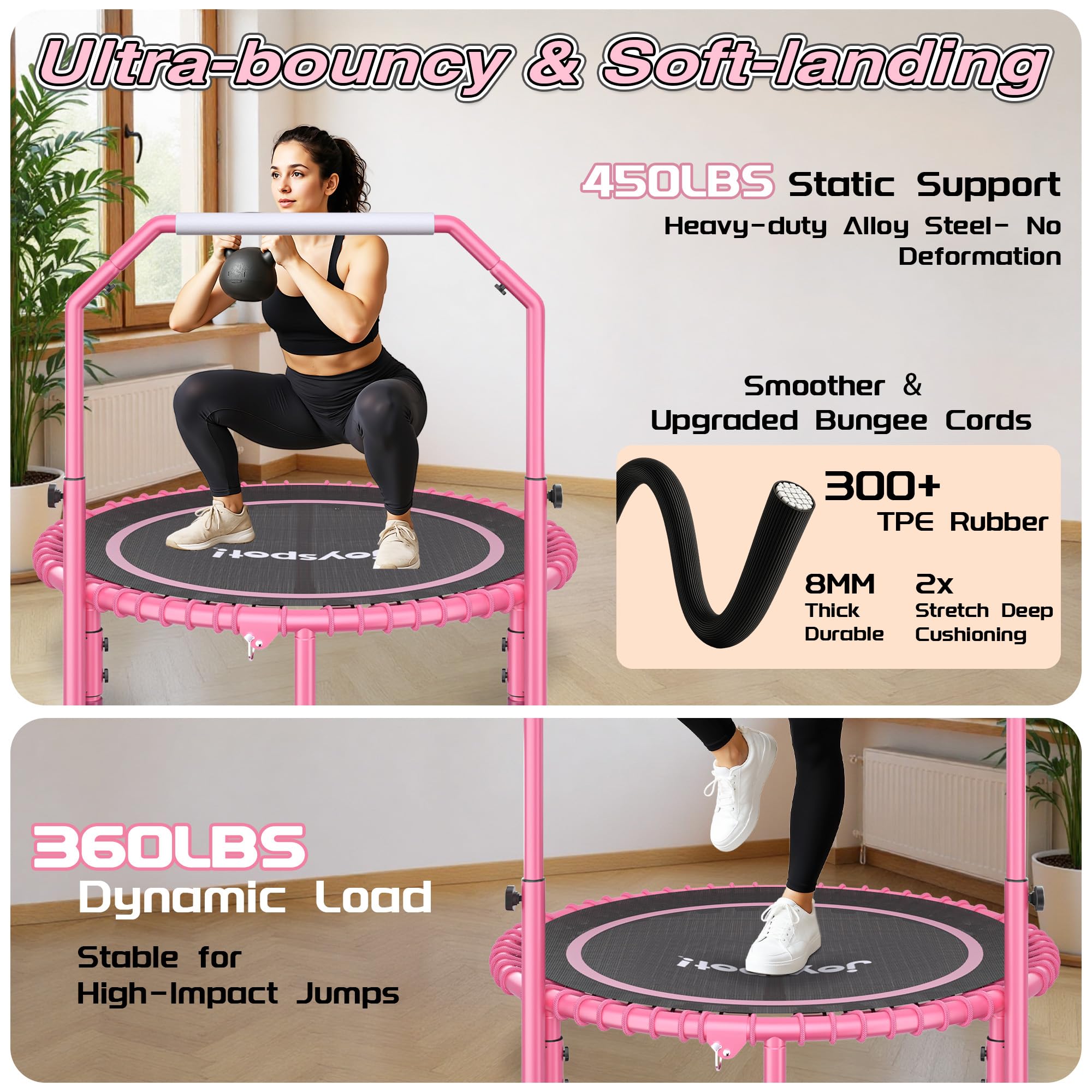 JOY SPOT! Mini Fitness Trampolin, Ø102cm Faltbares Trampoline mit Bungee-Seilen & verstellbarem Griff, Maximale Belastung 204kg, Rebounder Trampolin Indoor Outdoor mit springseile für Heimtraining