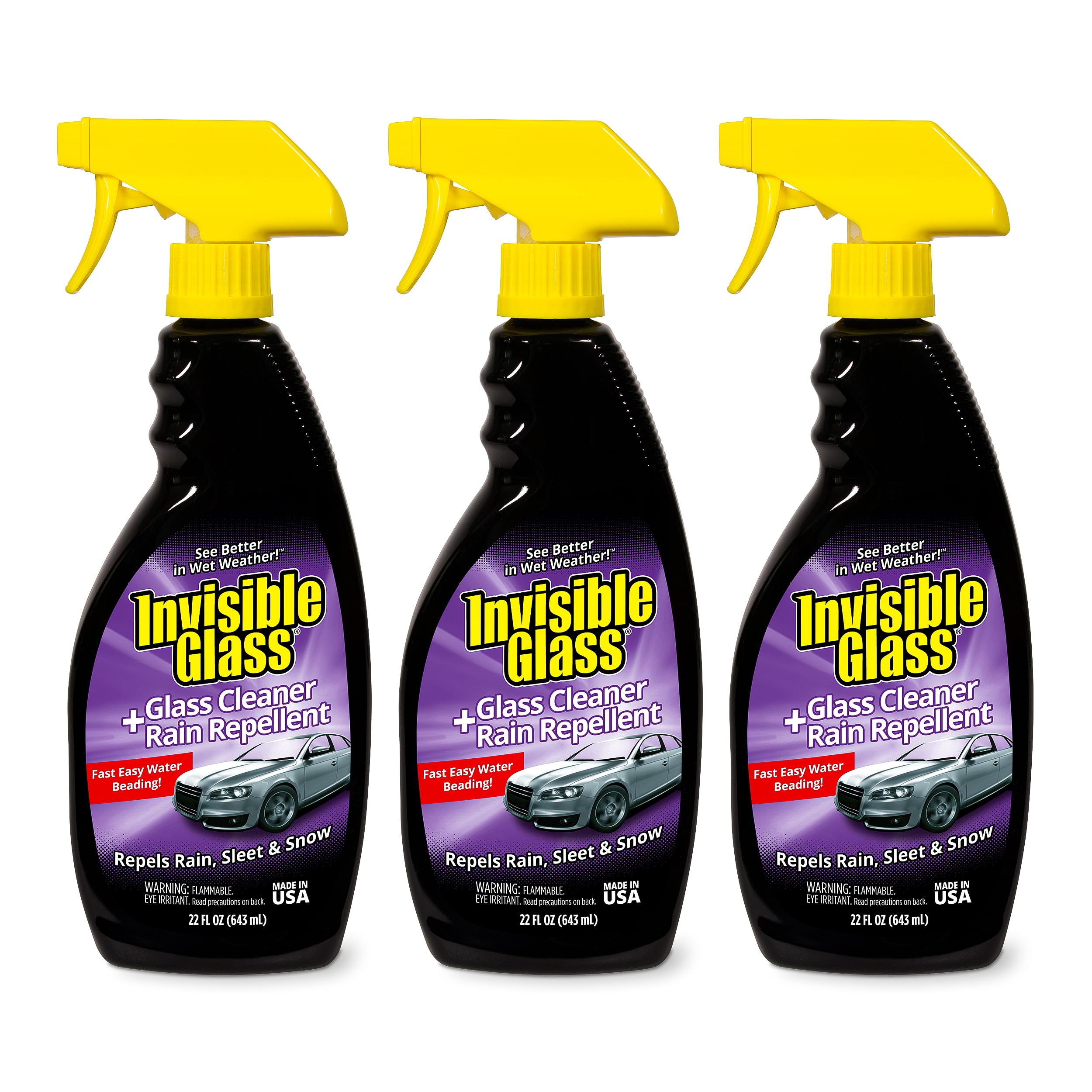 Invisible Glass 92184-3PK Glass Cleaner + Rain Repellent 2-in-1 Windshield and Window Spray, Cleans Auto Glass, Repels Rain, Sleet, Snow, Improves Wet Weather Visibility – 22 fl oz (Pack of 3)