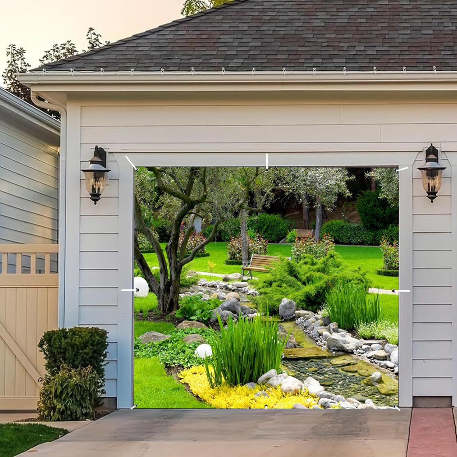 Spring Natural Scenery Garage Door Cover Banner Decorations Backdrop 6x8ft Park Trees Green Lawn Bench Garage Door Banner Decorations Birthday Party Camping Outdoor Picnic Garage Door Backdrop