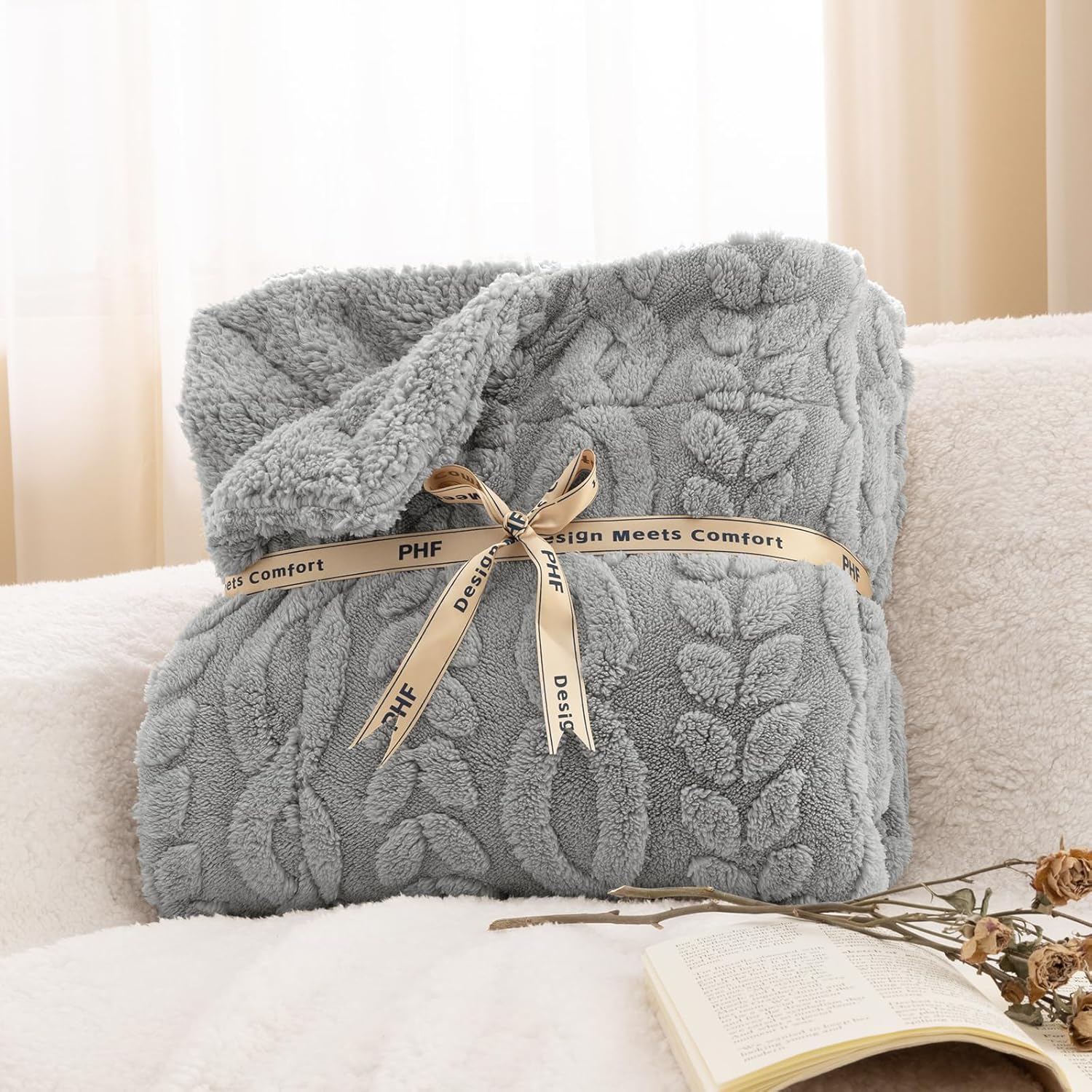 PHF Fluffy Sherpa Blanket Queen Size for Winter, Warm and Soft, 510GSM 3D Jacquard Thick Shaggy Fleece Plush Blanket for Sofa Bed, Grey, 90"x90" - Image 6