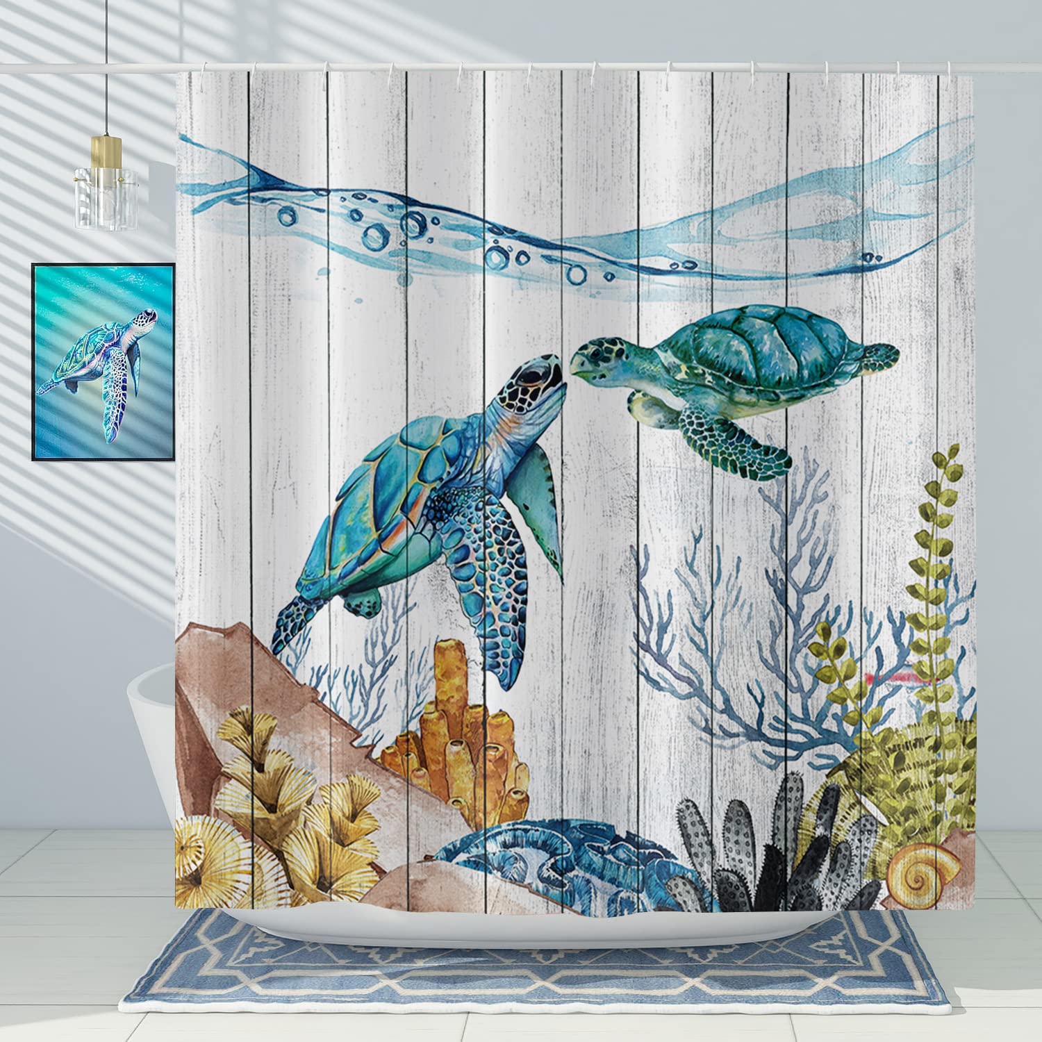 GCIREC Teal Turtle Shower Curtain, Ocean Themed Underwater Coral Aquatic Plants Rustic Wooden Plank Bathroom Curtain for Bathtub Decor Waterproof Fabric Machine Washable with 12 Hooks