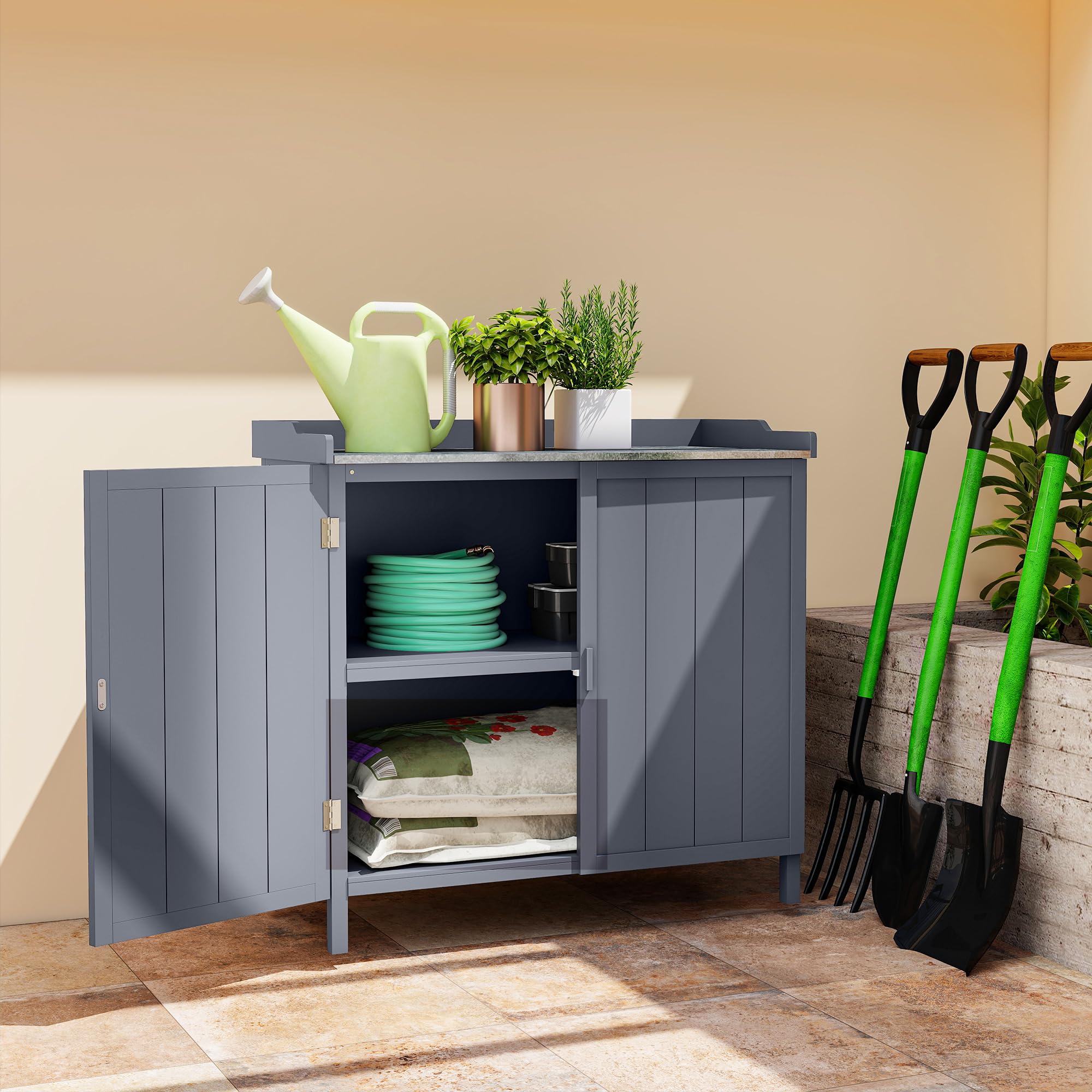 Outsunny Armadietto da Esterno in Legno di Abete con Piano da Lavoro in Metallo Zincato e 2 Ripiani Porta Attrezzi, 98x48x95.5 cm, Grigio