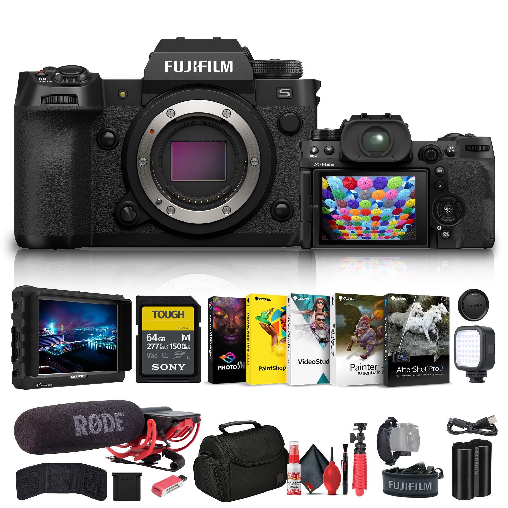 Fujifilm - X-H2S Mirrorless Camera (16756924) + 4K Monitor + Rode VideoMic + 64GB Memory Card + Bag + Card Reader + LED Light + Corel Photo Software + Flex Tripod + Memory Wallet + More