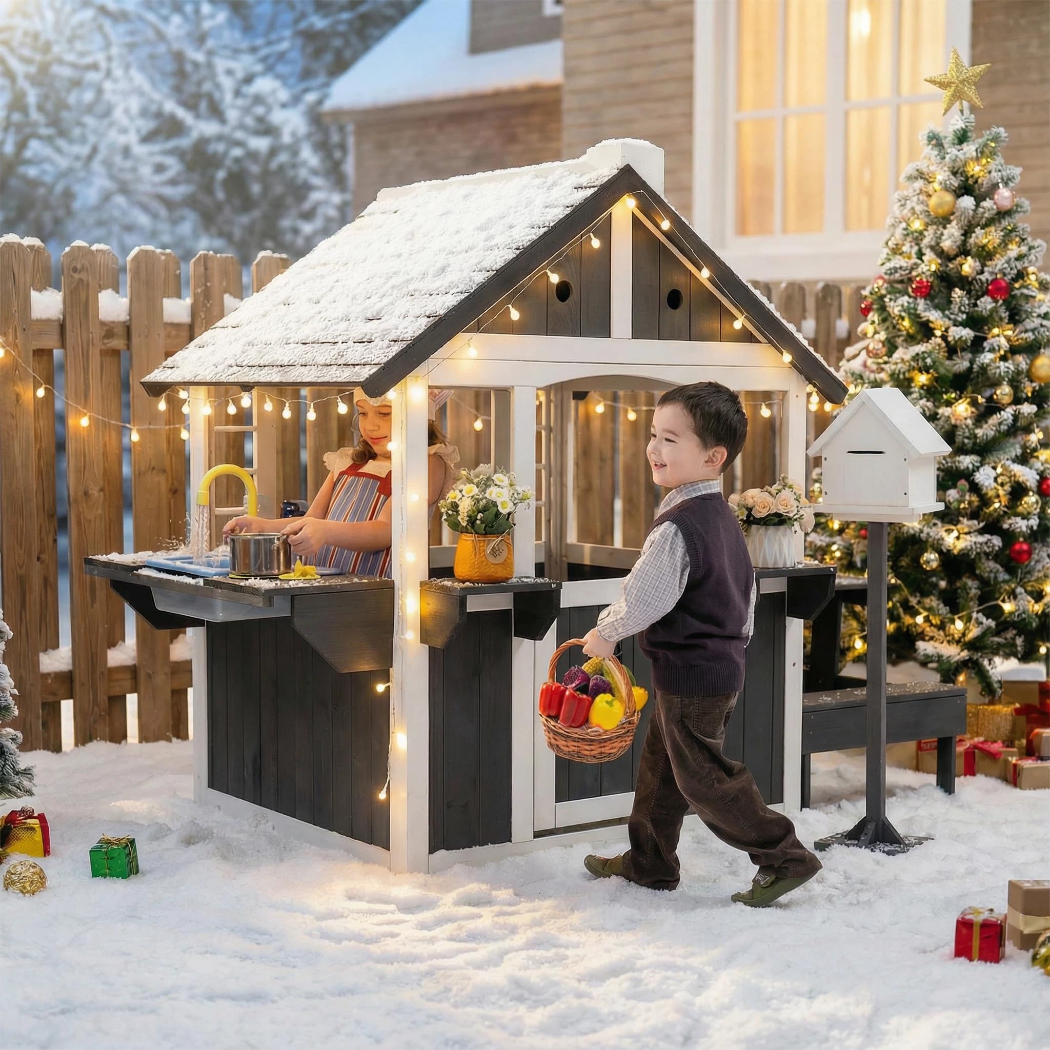 JOYMOR Kids Wooden Playhouse for Outdoor, Cottage with Sink, Picnic Table, Mailbox, Flowerpot Holders, Age 3-8 (Gray&White)