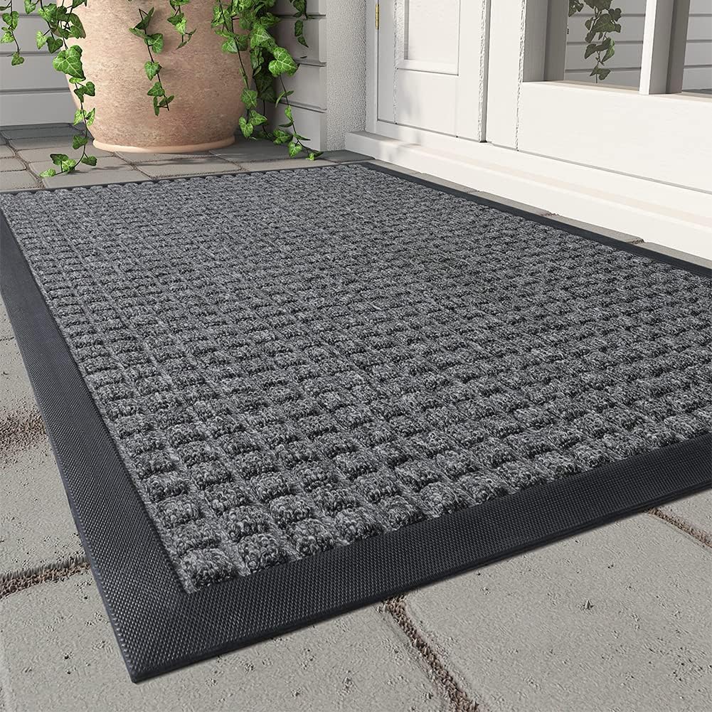 montvoo-door mat outside entrance outdoor indoor front doormat for entryway-welcome mat durable rubber backed entry mat non slip dirt trapper absorbent-grey 24’’x47’’ checker grey 2' x 3'11" (rectangular)