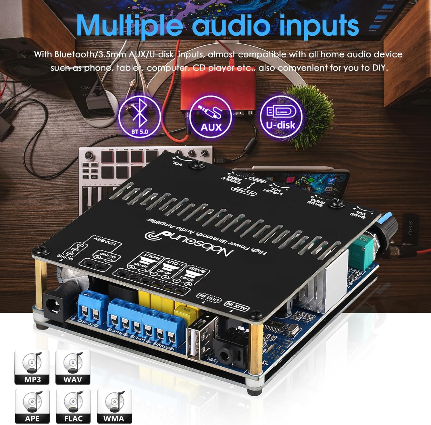 Nobsound amplifier board with multiple audio input icons (Bluetooth, AUX, U-disk)