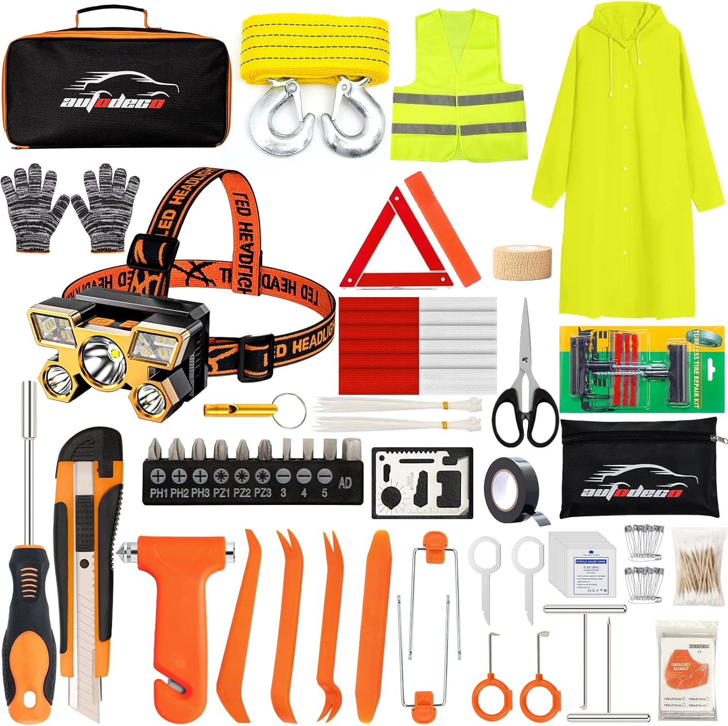 AUTODECO 126pcs Roadside Emergency Car Kit – Emergency Survival Kit Car Safety Kit