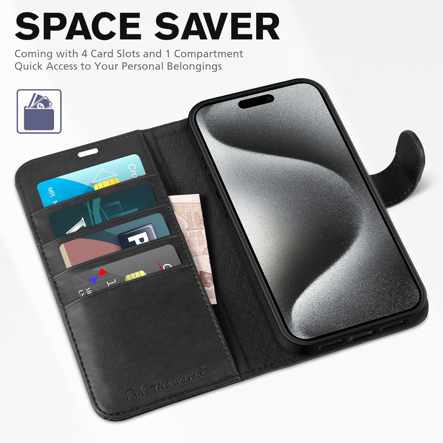 TUCCH Case Wallet for iPhone 15 Pro Max, RFID Blocking 4 Card Holder Kickstand Shockproof TPU Inner Case, PU Leather Magnetic Flip Folio Cover, Black - Image 7