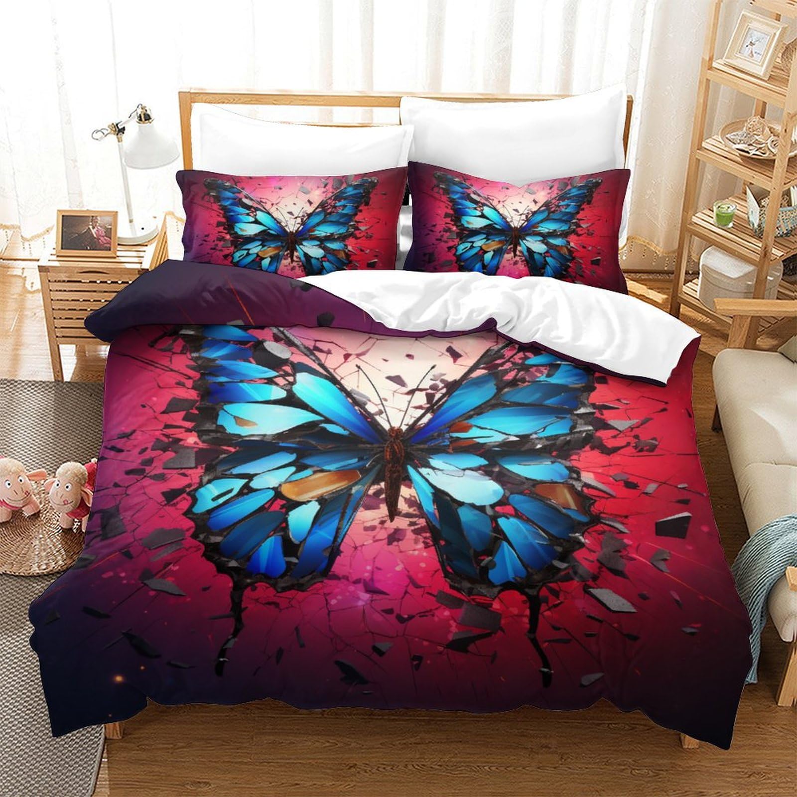 Housse de couette papillon 3D lit enfant sans repassage avec zip pratique 220x240