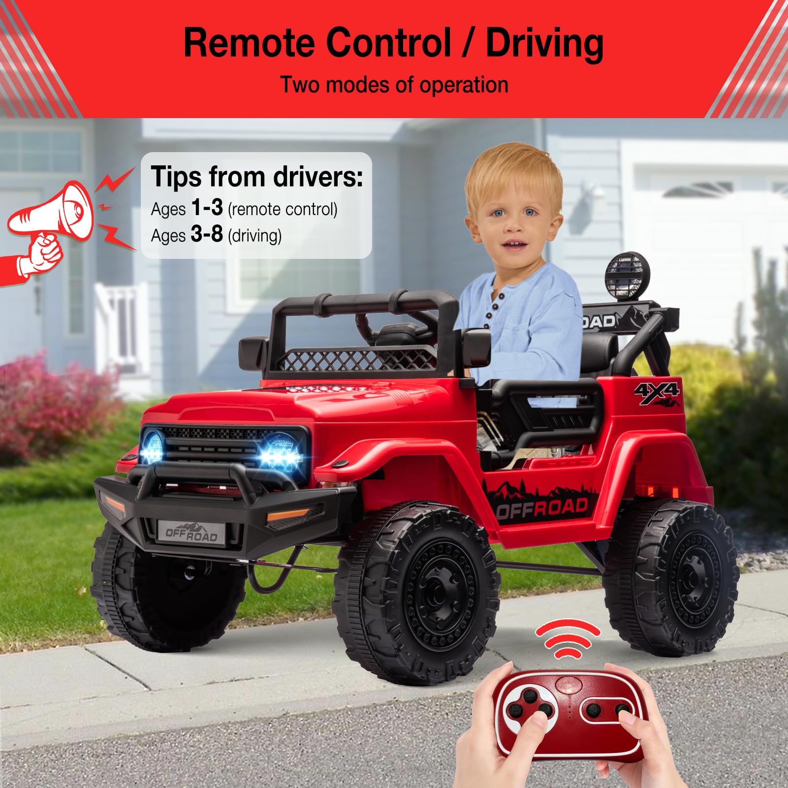 Garvee 12V Voiture Électrique pour Enfants, Véhicule Électrique Enfant avec Suspension à Ressort, Télécommande, LED, 3 Vitesses pour Enfants 3+ Ans (Rouge)