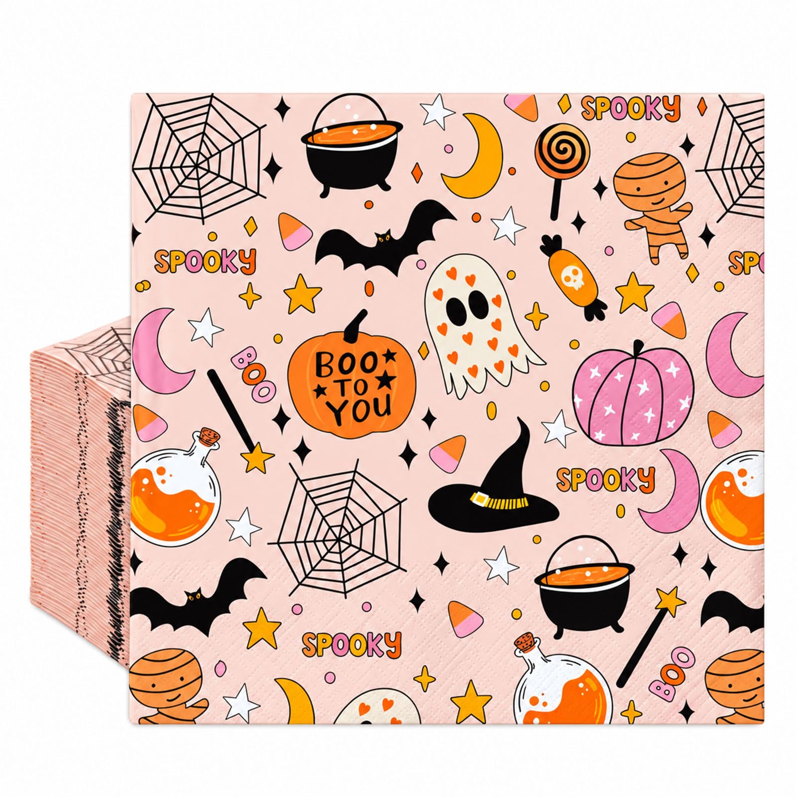 Feviciwe 20 Pcs Halloween Napkins with Pink Pumpkin Ghost Pattern